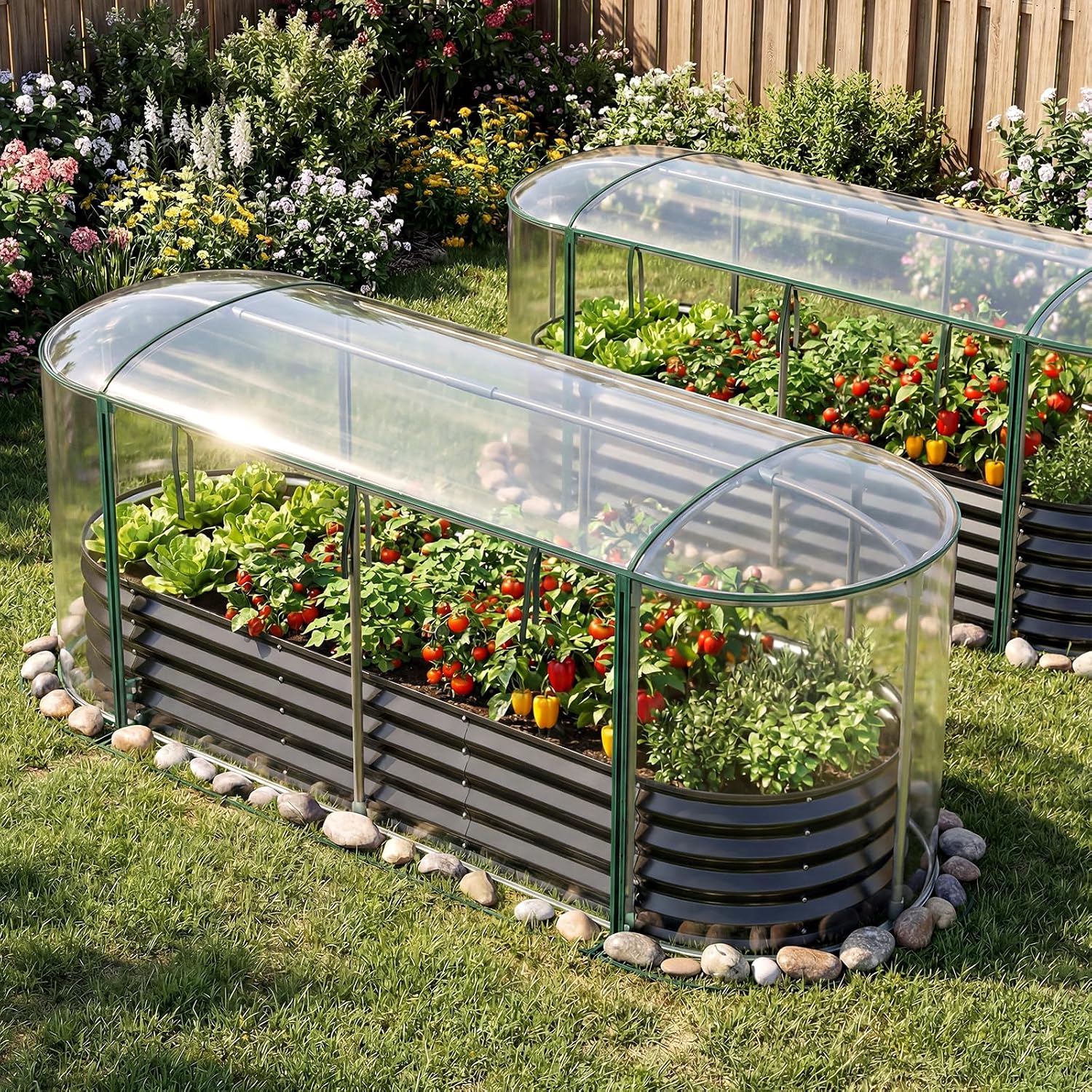 Giantex Raised Garden Bed w/Greenhouse Cover, Outdoor Oval Metal Steel Planter Box w/Roll-up Window, Clear PVC Mini Greenhouse for Vegetables Flowers Herbs Outdoor Patio Gardening, 6x2x1 FT (Black)