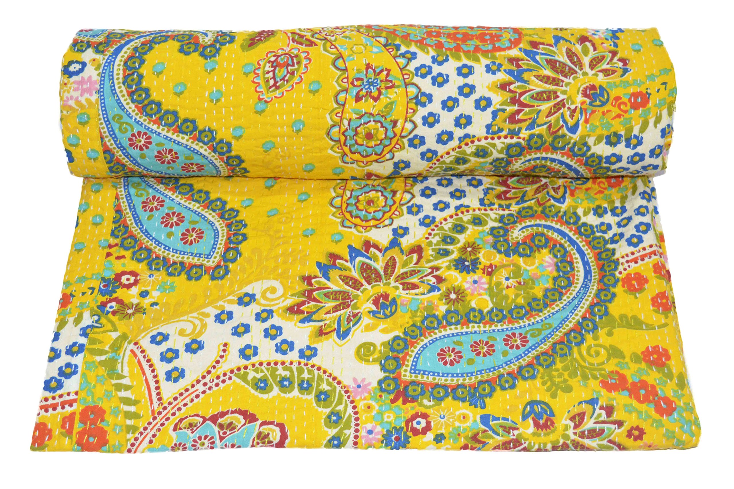 Sophia-Art Yellow Multicolor Paisley Print Queen Size Kantha Quilt, Kantha Blanket, Bed Cover, King Kantha Bedspread, Bohemian Bedding 90x108 Inch