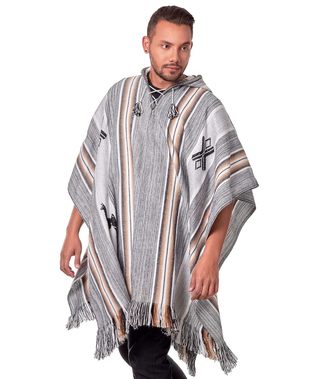 Poncho com capuz Alpaca para homens – Capa hippie com capuz – Serape tradicional masculino tricotado com lã de alpaca