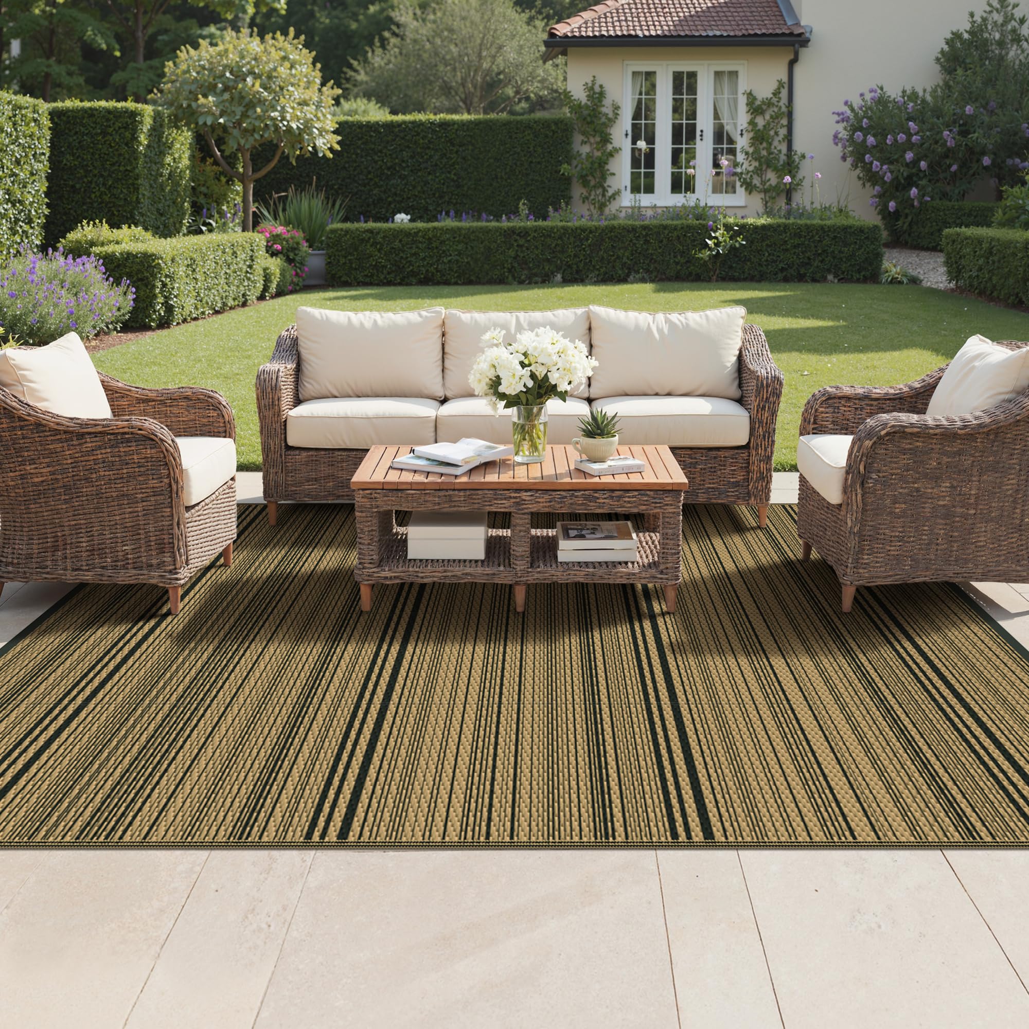 GENIMO Outdoor Rug 270x360cm,Extra Large Waterproof Reversible Garden Rug Recycled Plastic UV Resistant Modern Outdoor Mat for Patios,Picnic,Backyard,Black & Brown โ image 1