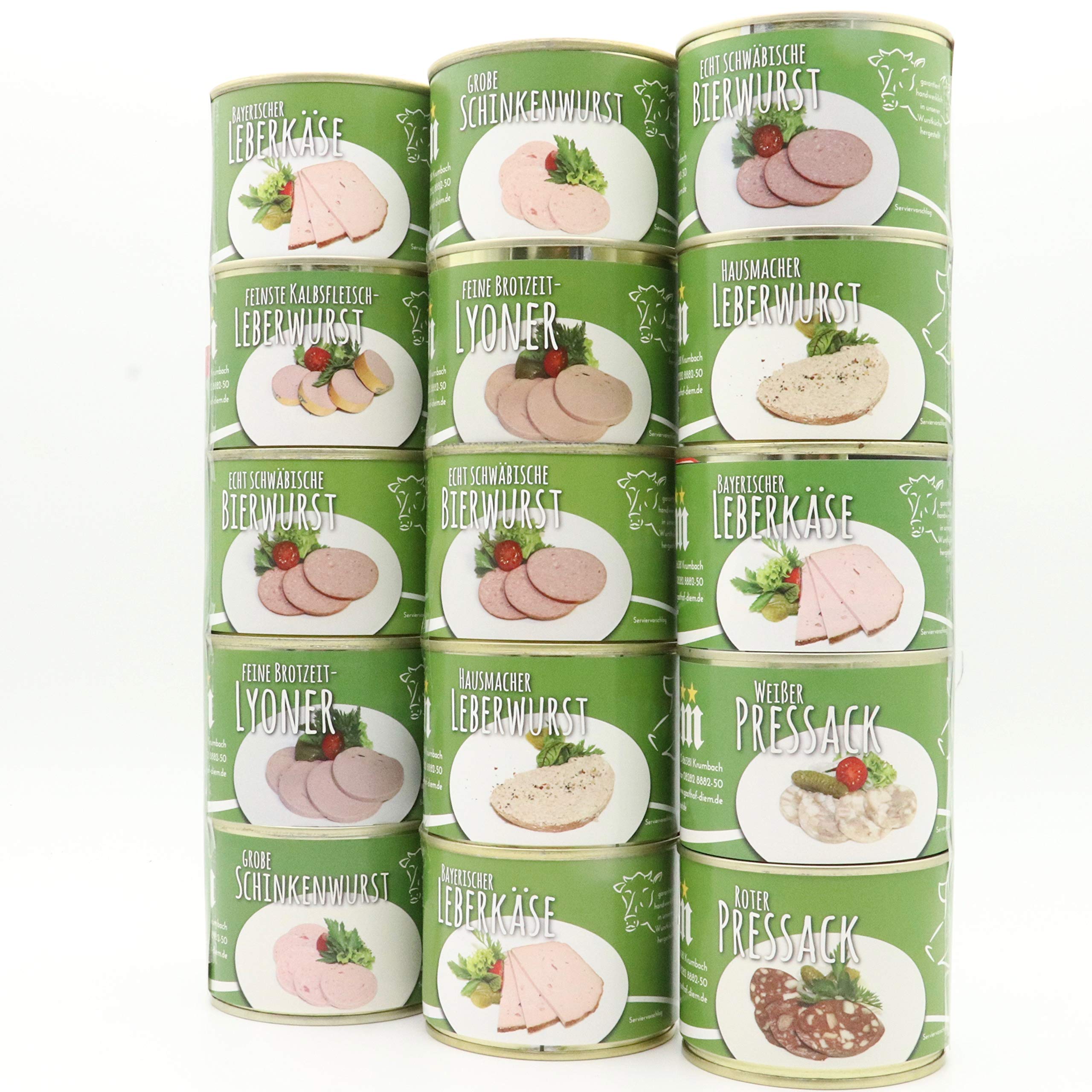Dreier Dosenturm Set - 15 schmackhafte wie auch traditionelle Feinkost Wurstkonserven aus der Feinkost - Wurstmanufaktur Diem - Langes MhD - Gourmetwurst
