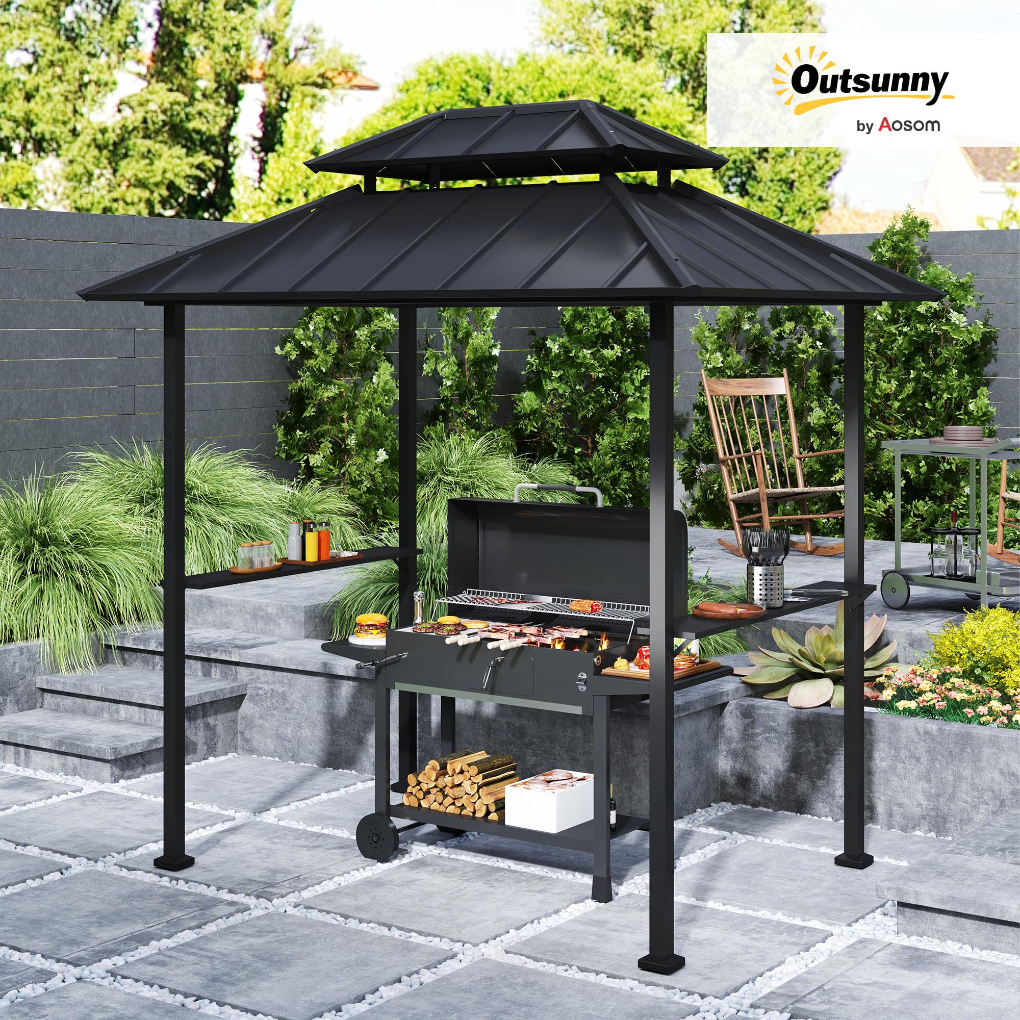 Outsunny Barbacoa cenador rígido de Doble Techo, cenador de jardín con 2 estantes y Gancho Superior, toldo de Barbacoa para terraza de jardín, 244x184x258cm, Negro