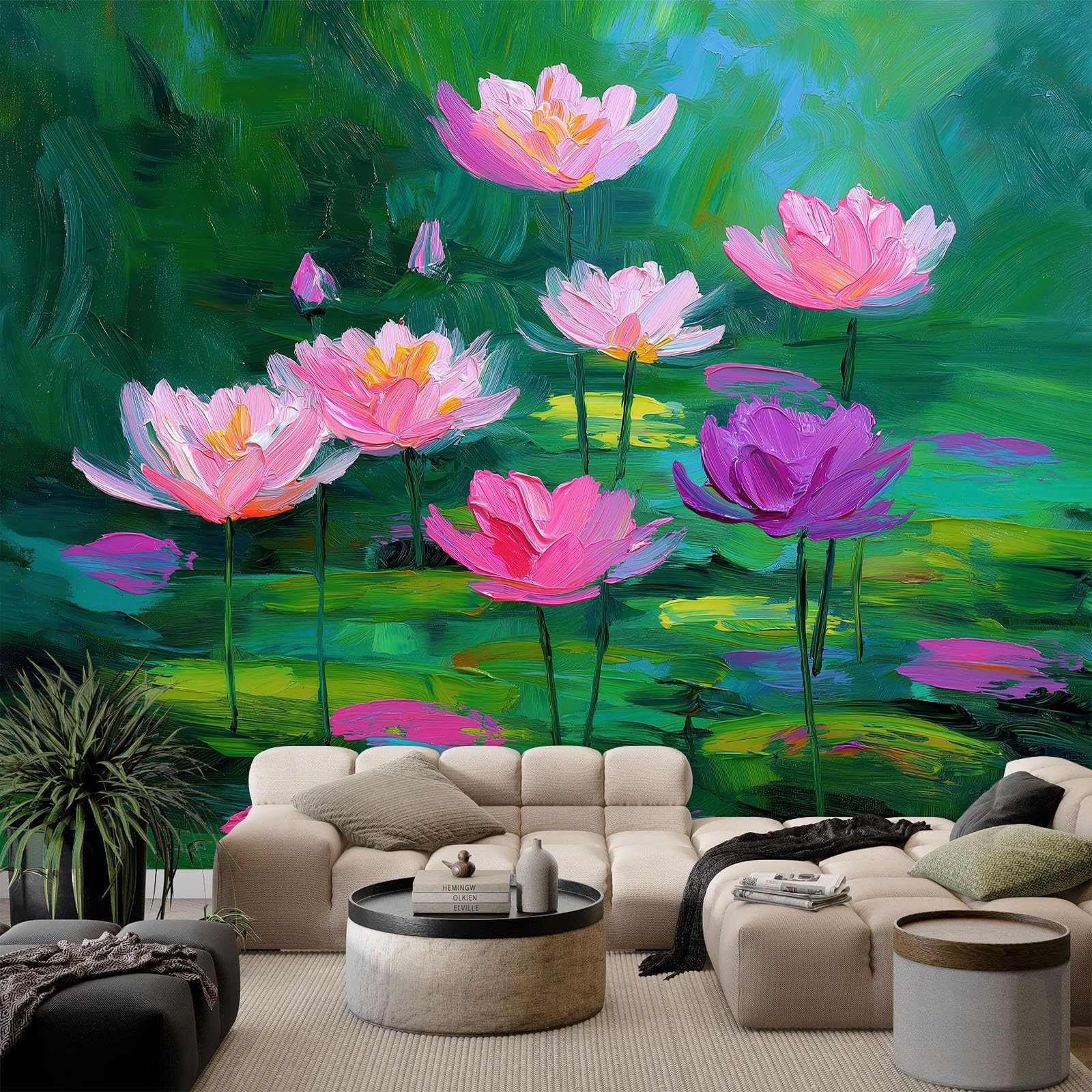 Mural Wallpaper Plant Lotus Lotus Leaves 500 x 280 cm Modern Art Wall Mural, Oil Painting Easy to Install Non-Woven Poster Photo Wallpaper for Bedroom Living Room TV Backdrop Decor
