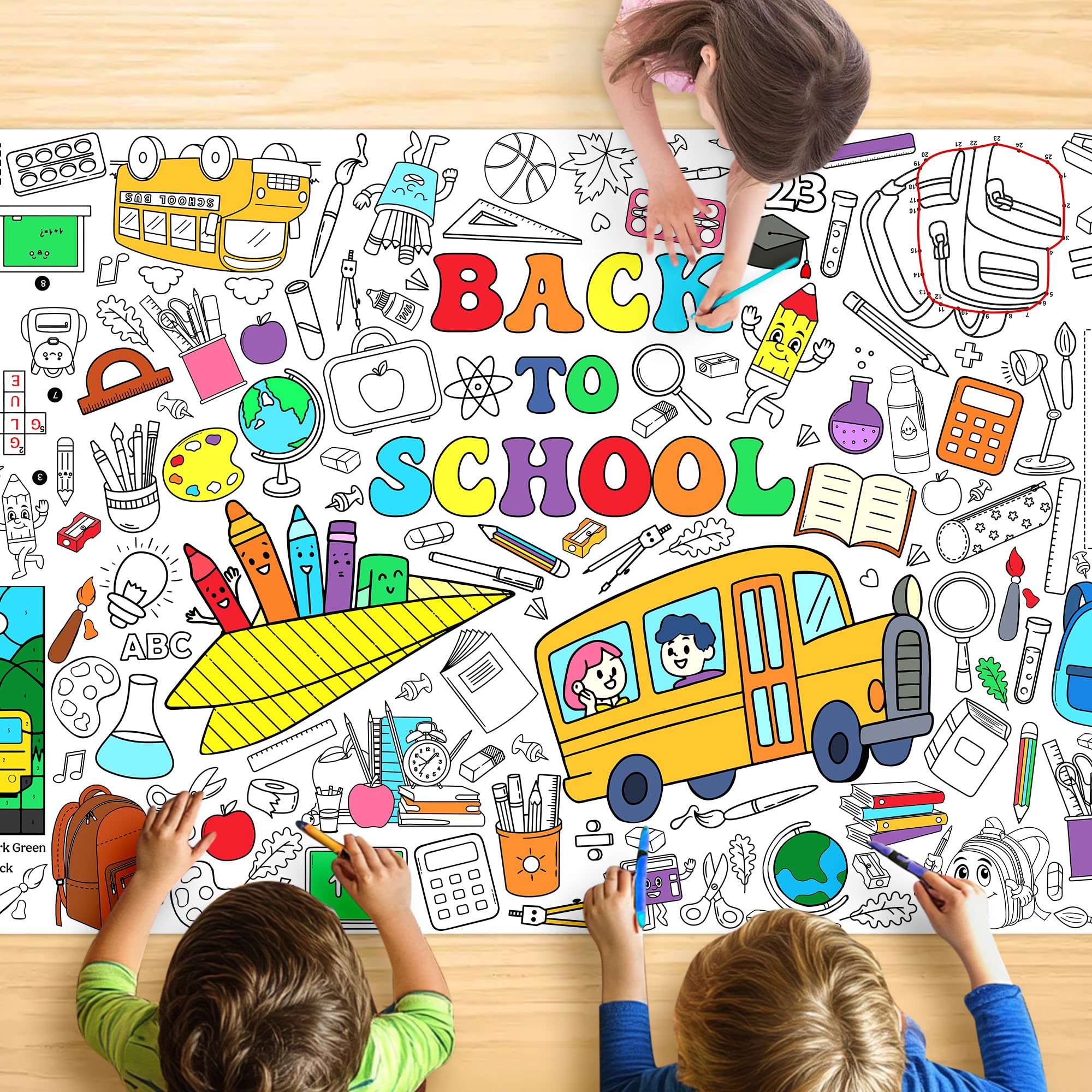 Back to School Coloring Tablecloth for Kids, Large 30x72 Inch Poster with School Bus, Books, Pencils, Perfect for Classroom Activities, Party Games, Educational Decorations, Event Supplies