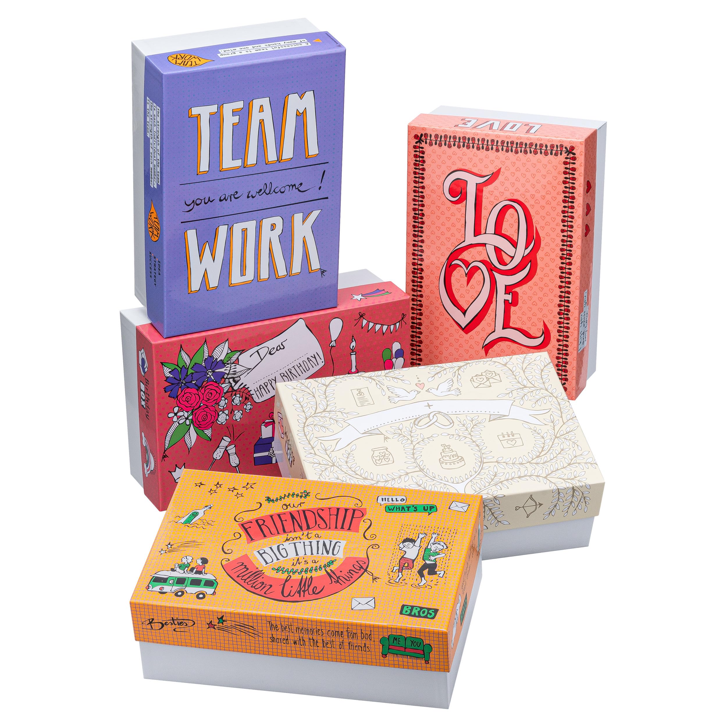 FALKEN StoryBox - Juego de 5 cajas de regalo surtidas, 120 mm de alto, DIN A4+, fabricadas en Alemania. Caja de regalo con tapa. Ideal para recuerdos, fotos, colecciones, imágenes, manualidades, cajas