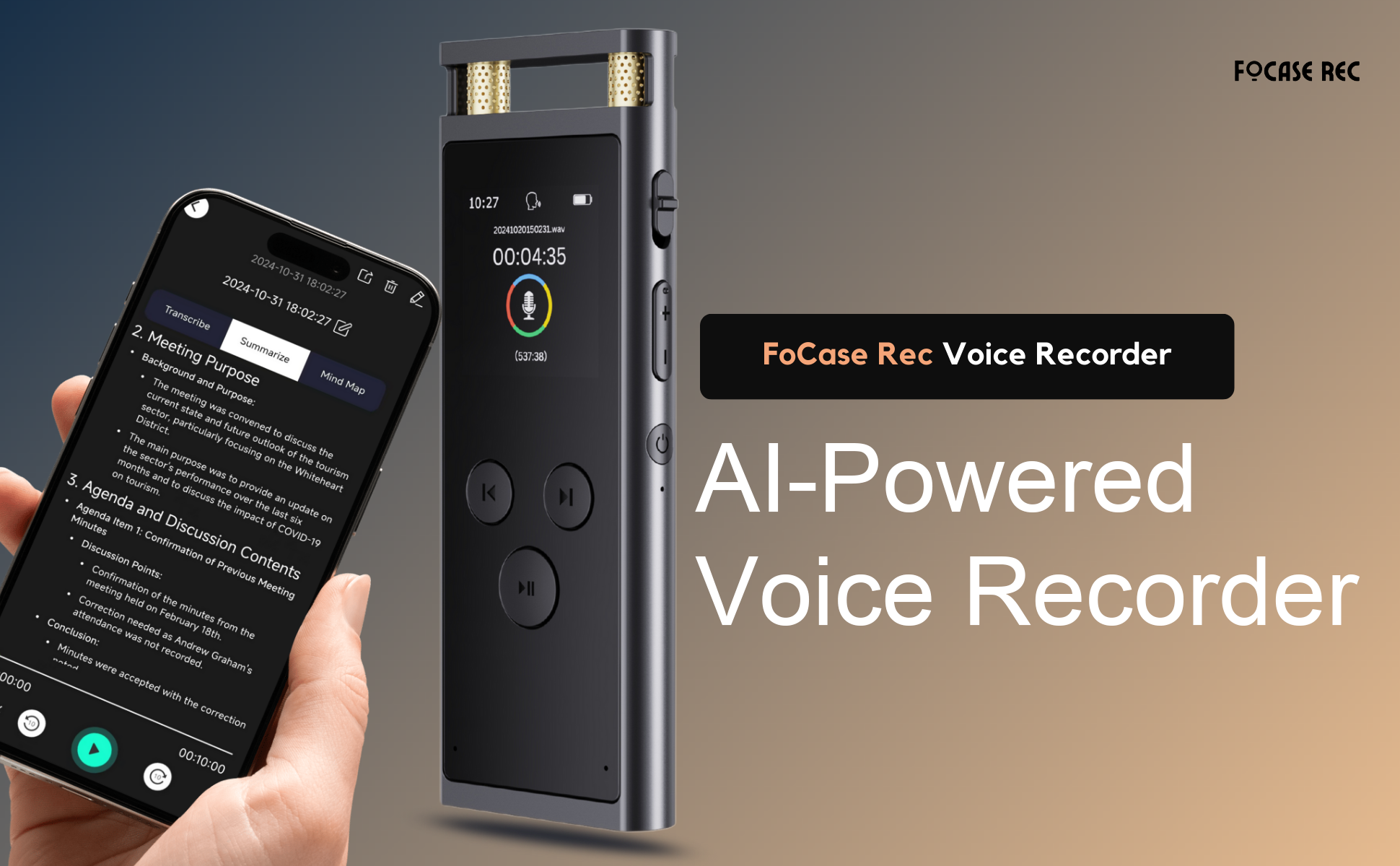Voice Recorder met APP voor AI Voice-to-Text Transcriptie, GPT-4o Samenvatting, Mind Mapping, 64GB opslag en een magnetisch ontwerp, dictafoon voor oproepen, lezingen en vergaderingen, door FoCase Rec