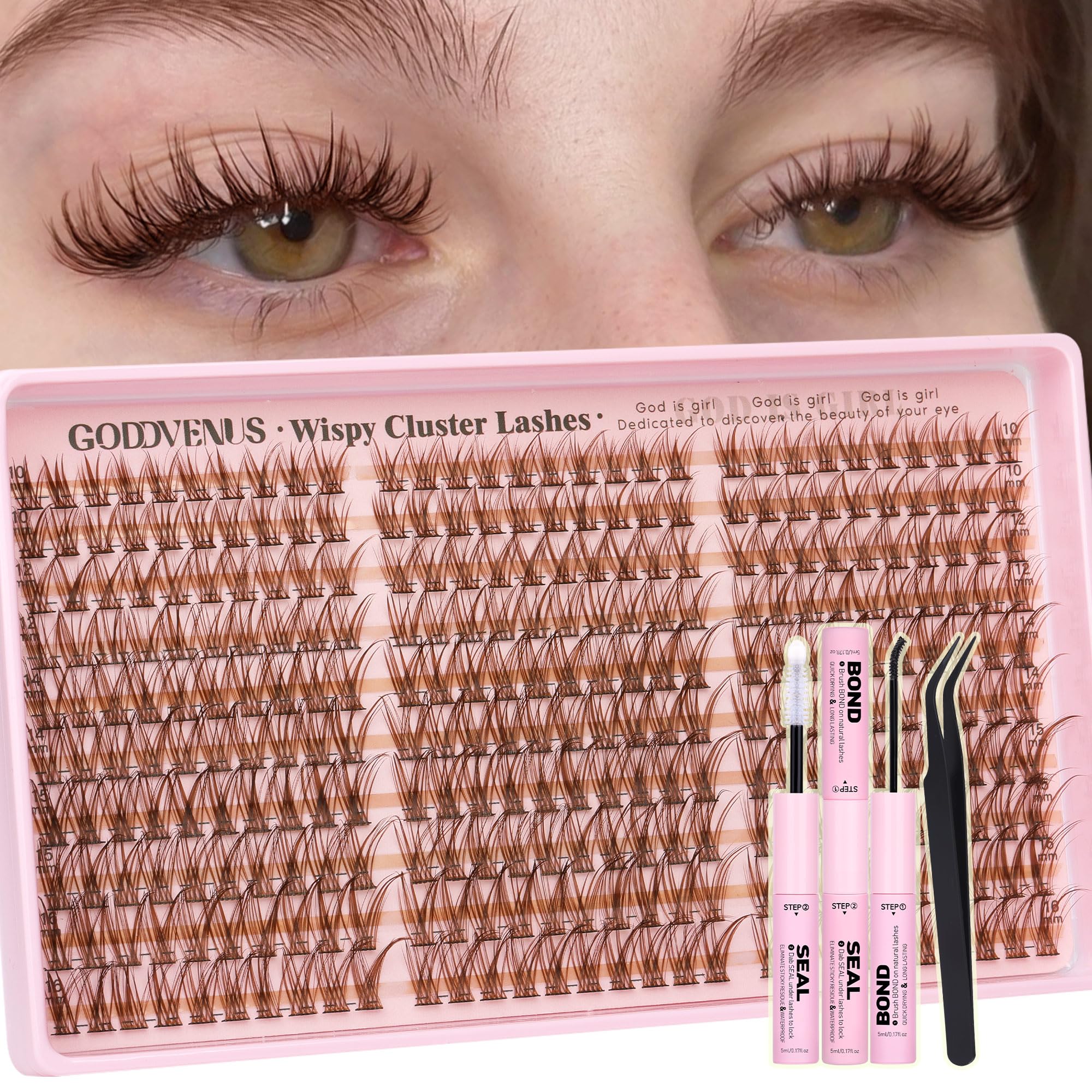 Goddvenus Natural Brown Lash Clusters Kit 300Pcs C Curve Individual Lashes | Light Brown Wispy Lashes for DIY - main product image