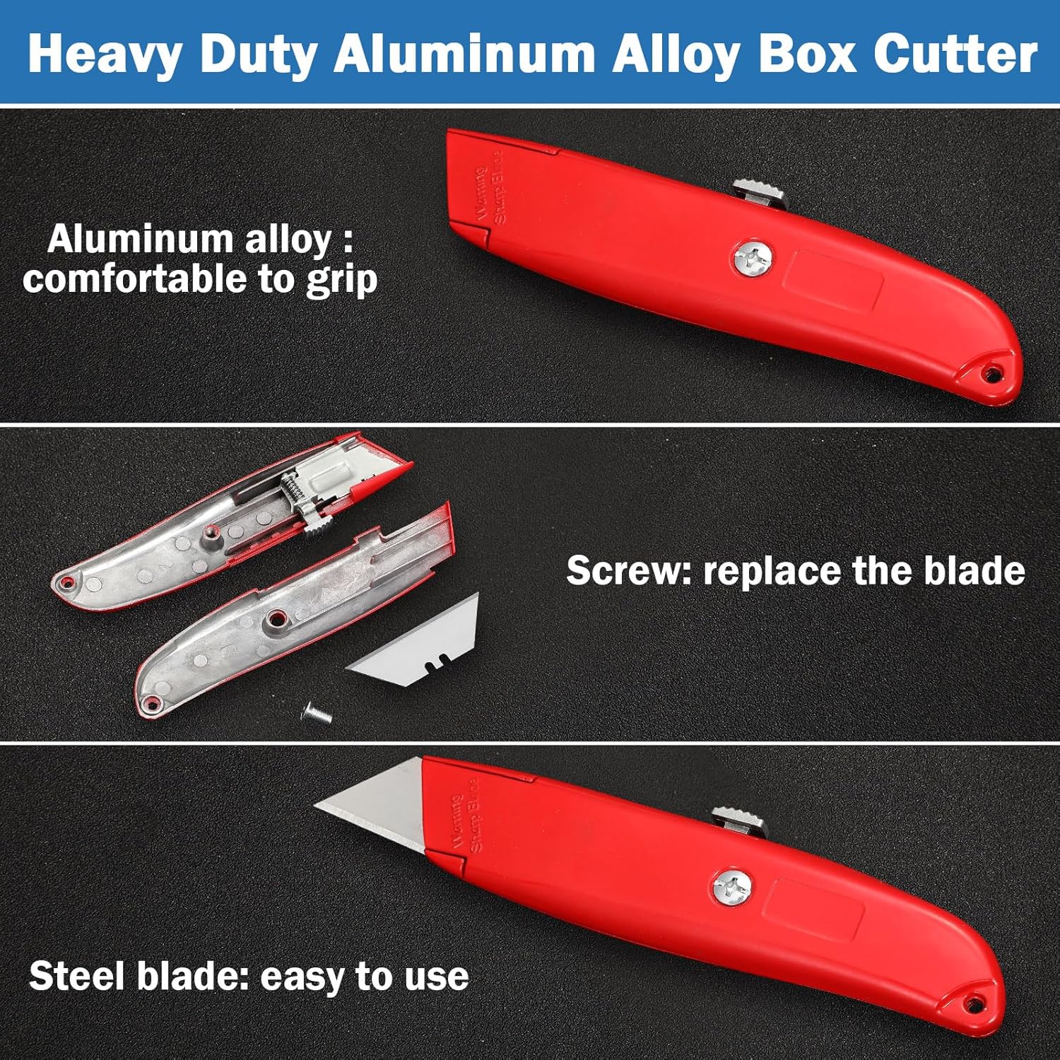 Reginary 30 Pcs Box Cutter Bulk Retractable Blade Utility Knife Heavy Duty Aluminum Alloy Razor Shell Knife for Cartons, Cardboard and Boxes, DIY, Factory, Home(Red)