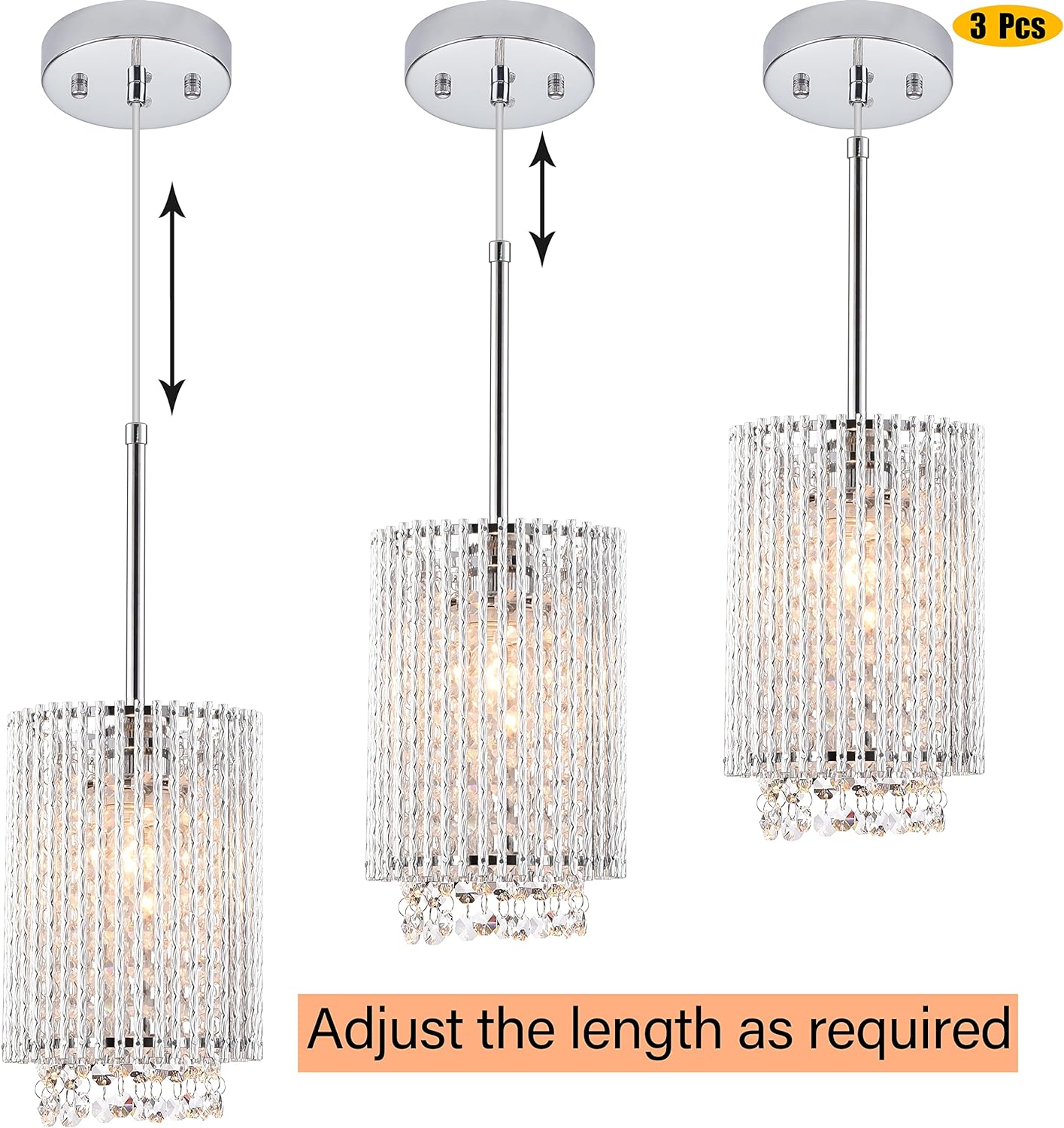 Modern Aluminum Crystal 3-Light Farmhouse Pendant Fixture