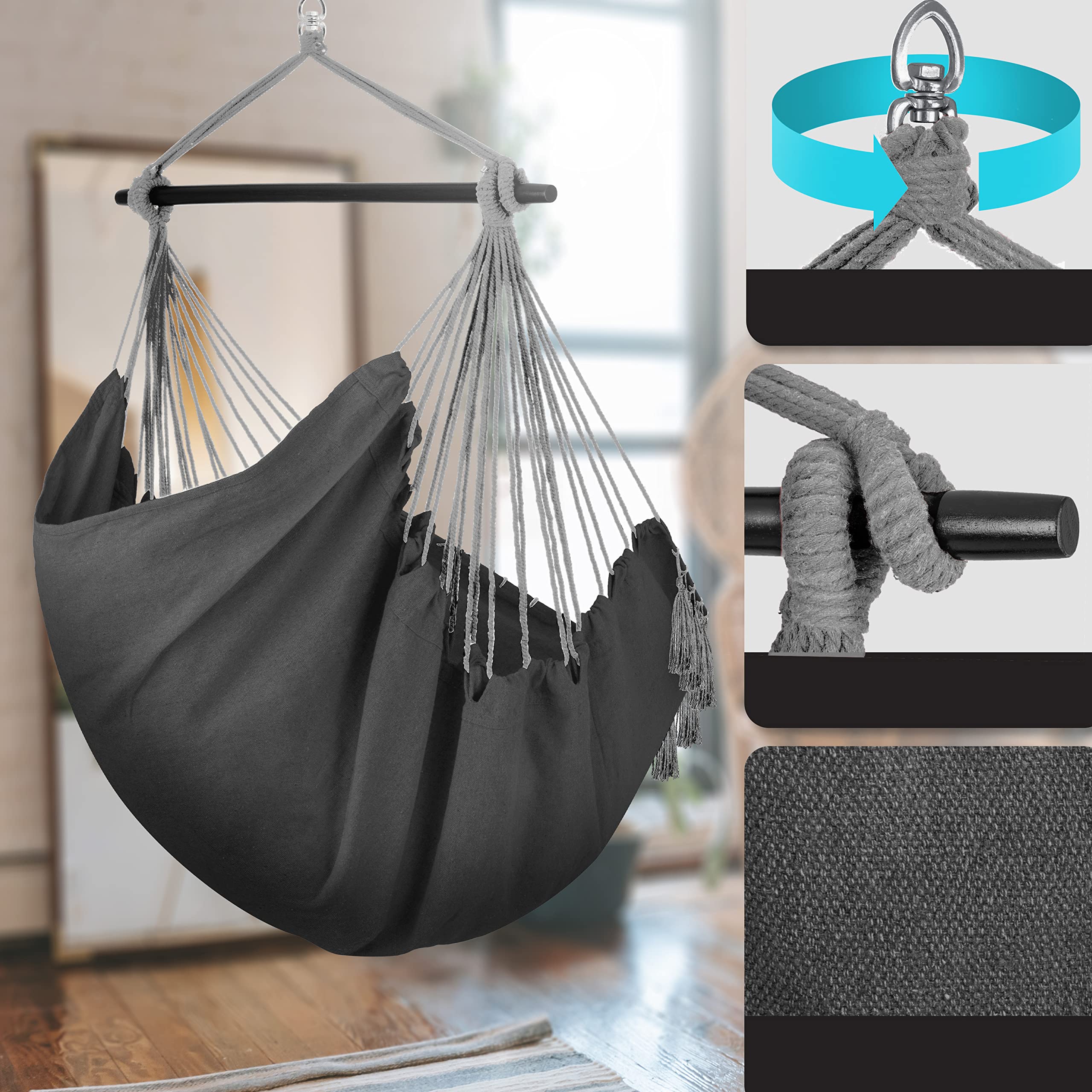 KESSER® Fauteuil Suspendu avec 2 Coussins, Porte-gobelet et Rangement pour Livres | Fauteuil Suspendu Safari XXL pour Adultes et Enfants | Hamac d'une Charge Maximum de 150 kg | Anthracite
