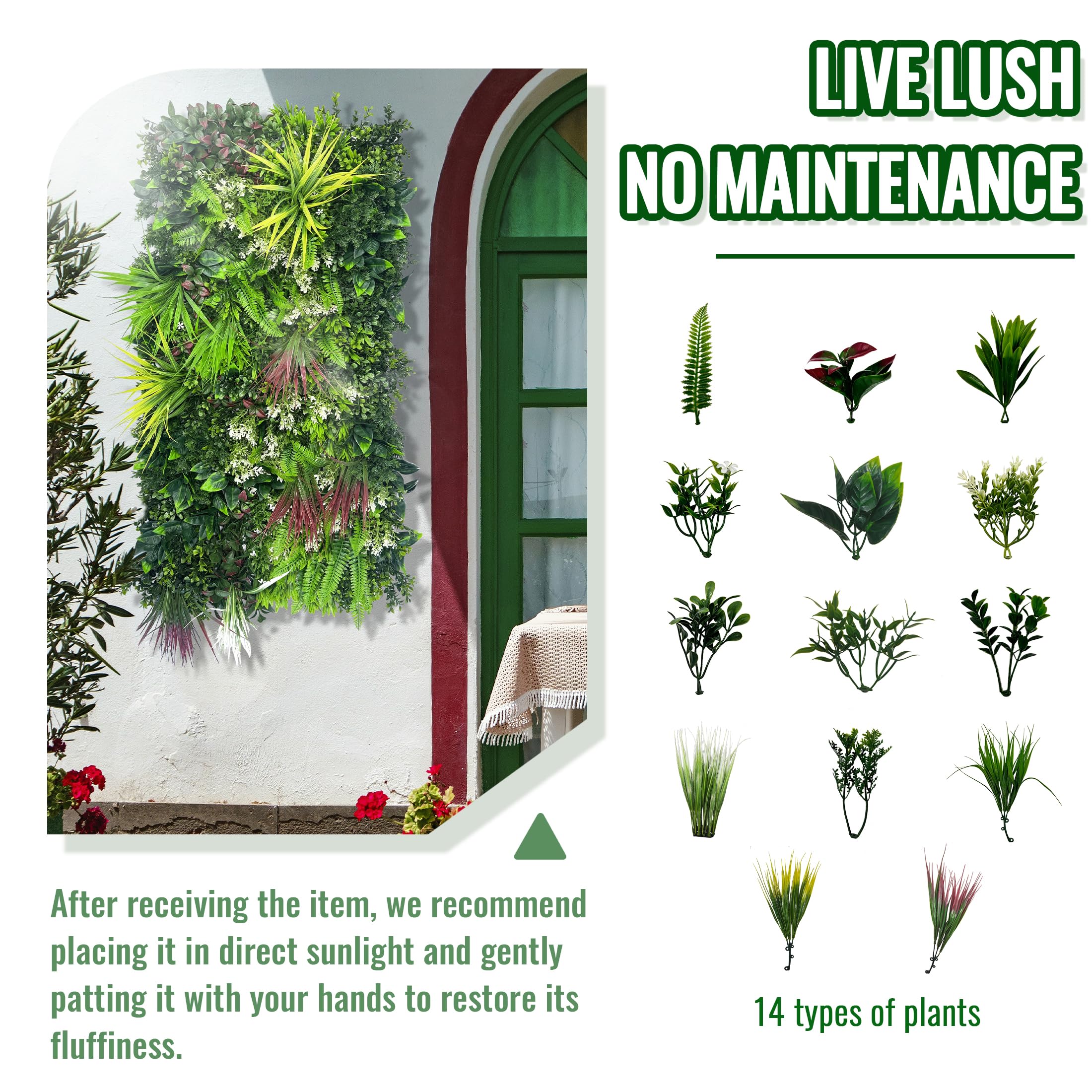 ODTORY Paneles de pared para plantas, 40 x 20 pulgadas, telón de fondo de pared de césped artificial, pantalla de privacidad con protección UV, pantalla de valla de seto de hojas verdes falsas para