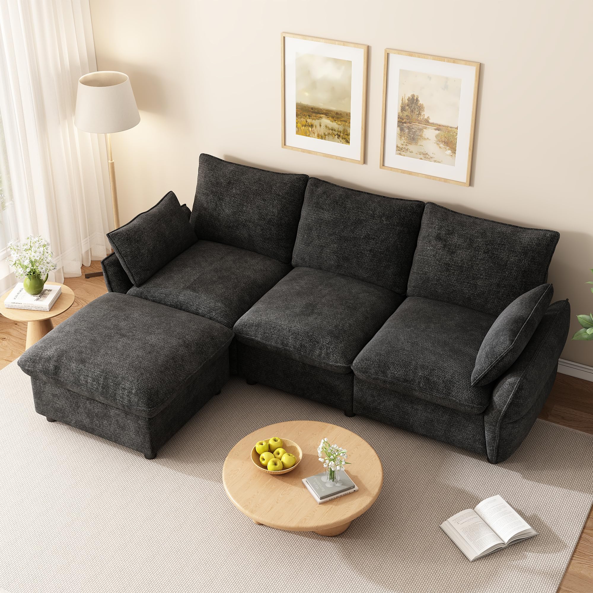 Generisch Sofa narożna ciemnoszara, 3-osobowa z taboretem, szenilowa, do salonu