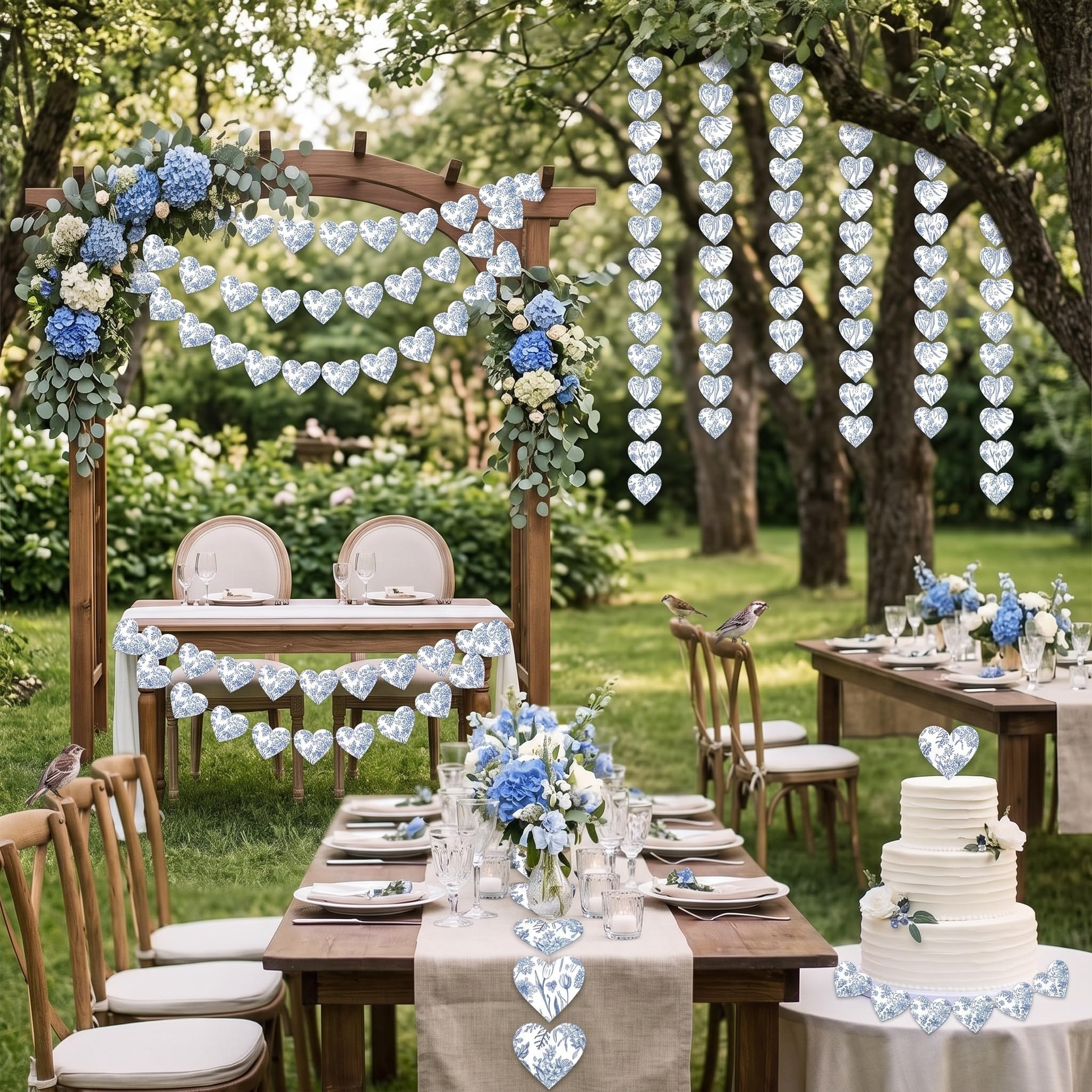 Fullhawl 5 Stück blau-weiße Vintage-Blumen-Papier-Herzgirlande, blaue Brautparty-Dekorationen, blaue Blume, hängende Herzen, Banner für Outdoor, Hochzeit, Verlobung, Geburtstag, blau und weiß,