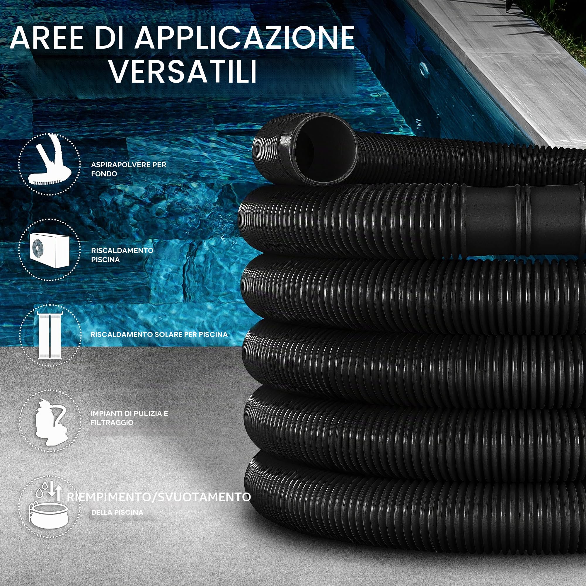 Tillvex Tubo per Piscina e Vasca | Solare, Flessibile, Con Manicotti | Per Pompa e Aspirazione | Nero, 15m / 38mm