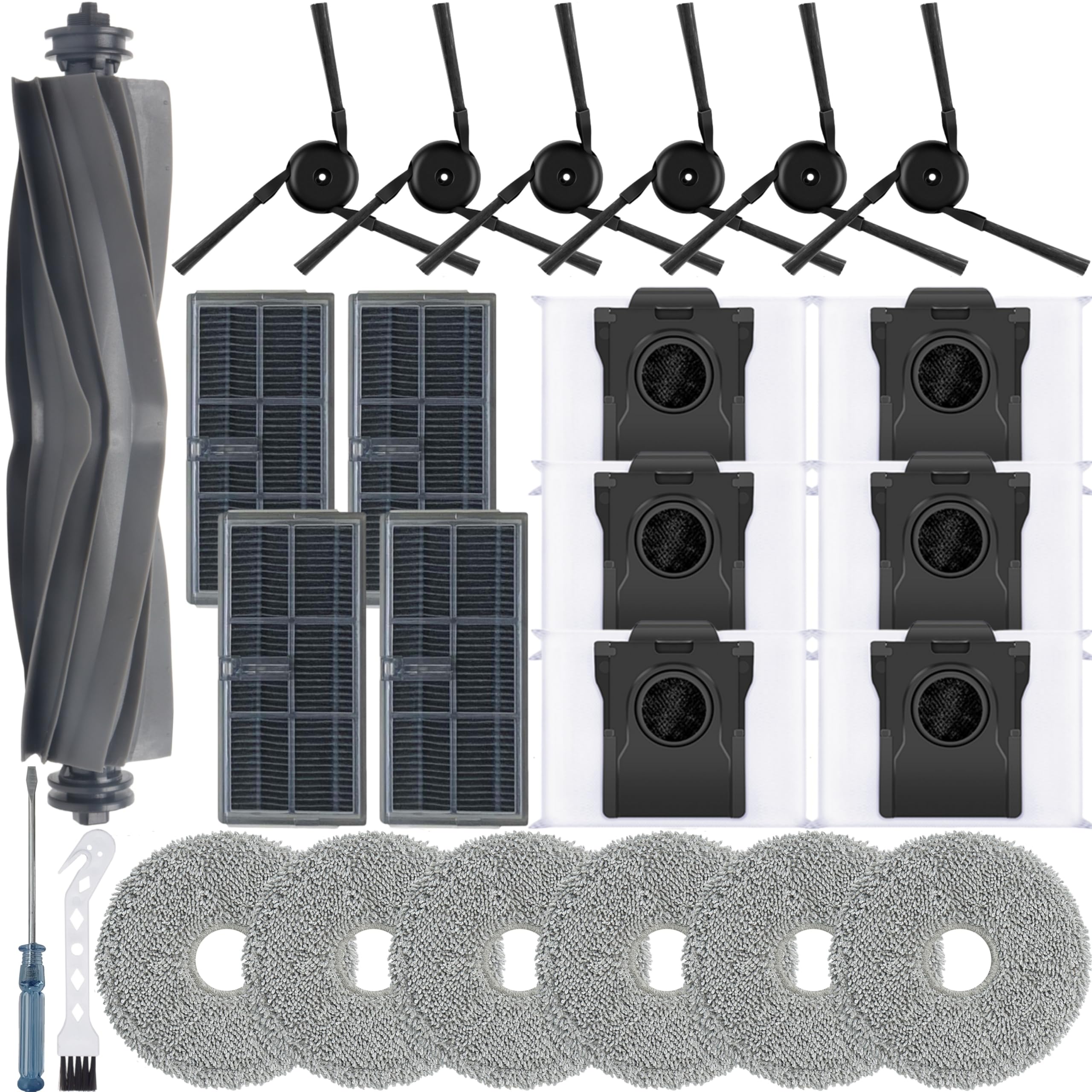 25Pcs X40 Ultra Accessories Kit for Dreame X40 Ultra/L40 Ultra/MOVA P10/P50 Pro Ultra Vacuum Cleaner Replacement Parts,1 Main Brush 6 Mop Pads 4 Hepa Filters 6 Side Brush 6 Vacuum Bags