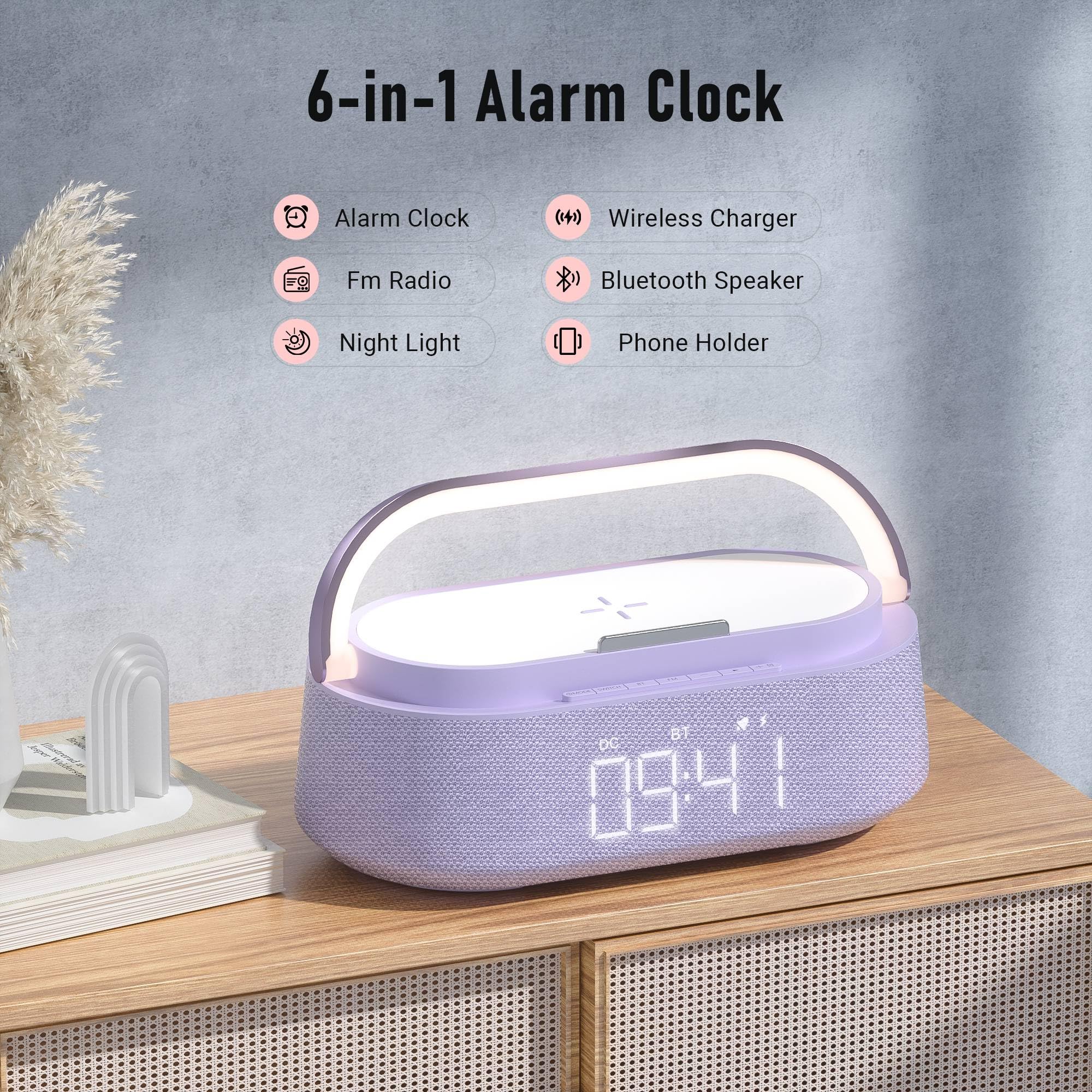 FREEFISH 6-in-1 Multifunktionaler Wecker mit Bluetooth-Lautsprecher, kabellosem Ladegerät, Nachtlicht und Telefonhalter