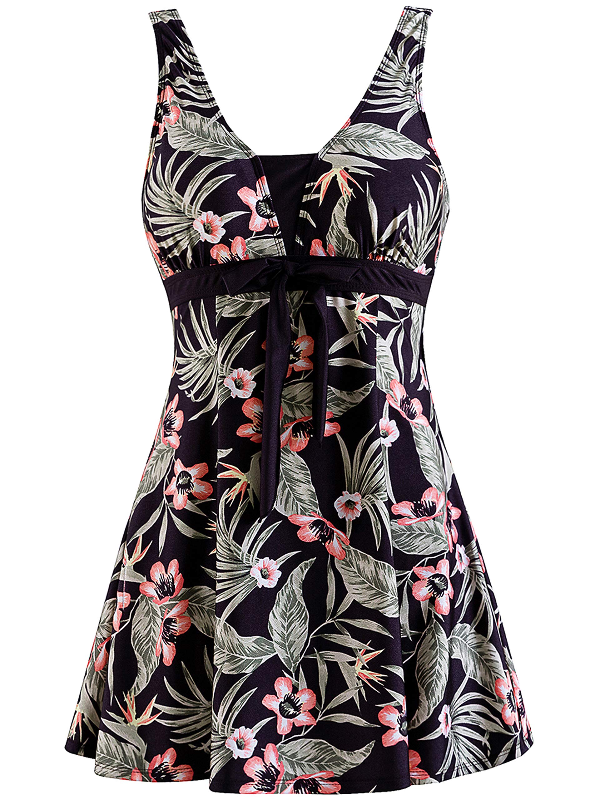 WantdoWomen's Plus Size One Piece Swimsuit Floral Printed Swimdress Cover Up Skirtini Bathing Suit