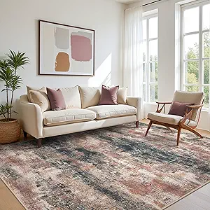 Area Rugs 9x12 for Living Room Bedroom, Modern Abstract Machine Washable Rug, Large Soft Low Pile Floor Cover with Non Slip Backing for Dining Room, Rose Rust