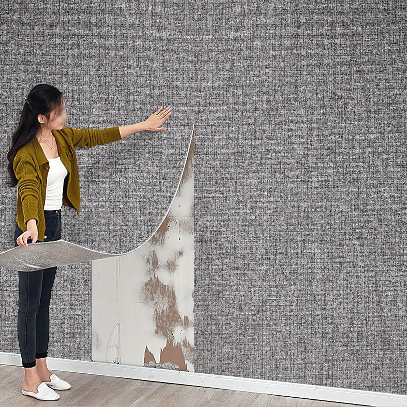 Pamatio 3MM Thickened Thermal Self Adhesive Wallpaper - 2.8M Black Grey Linen Texture Peel and Stick Wall Panels, Waterproof Soft for Bedroom Living Room,50cm Width