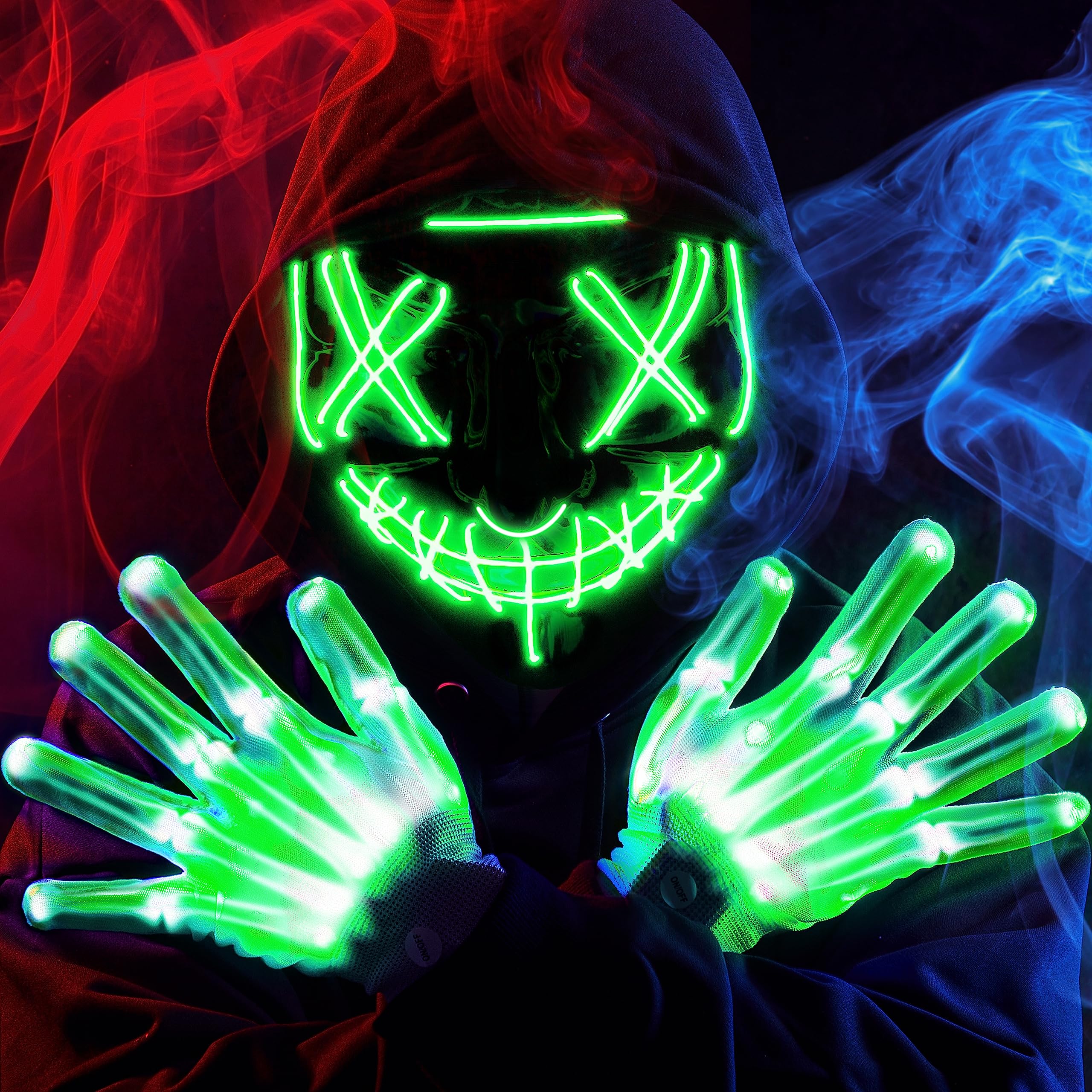 JOYIN Halloween Led Mask Light Up Mask and Gloves for Cosplay Costume Green 3 Modes Scary Glow in
