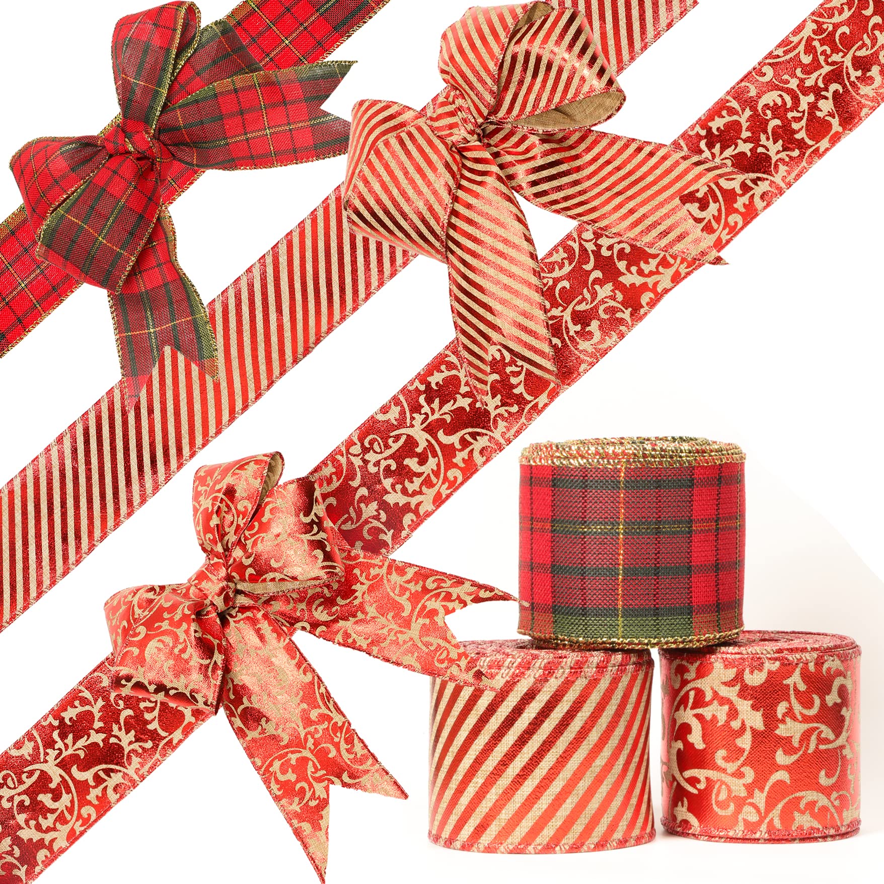 Photo 1 of (pack of 2) EMSECKO Christmas Ribbon, 2.5inch 30Yards Burlap Red Wired Ribbon Double Faced Red Ribbon for Big Bow, Wreath, Christmas Tree