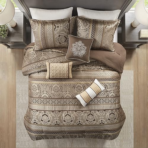 Miniatura 14 de Madison Park Acogedor juego de edredón, lujoso diseño tradicional de damasco jaquard, ropa de cama alternativa para todas las estaciones con fundas