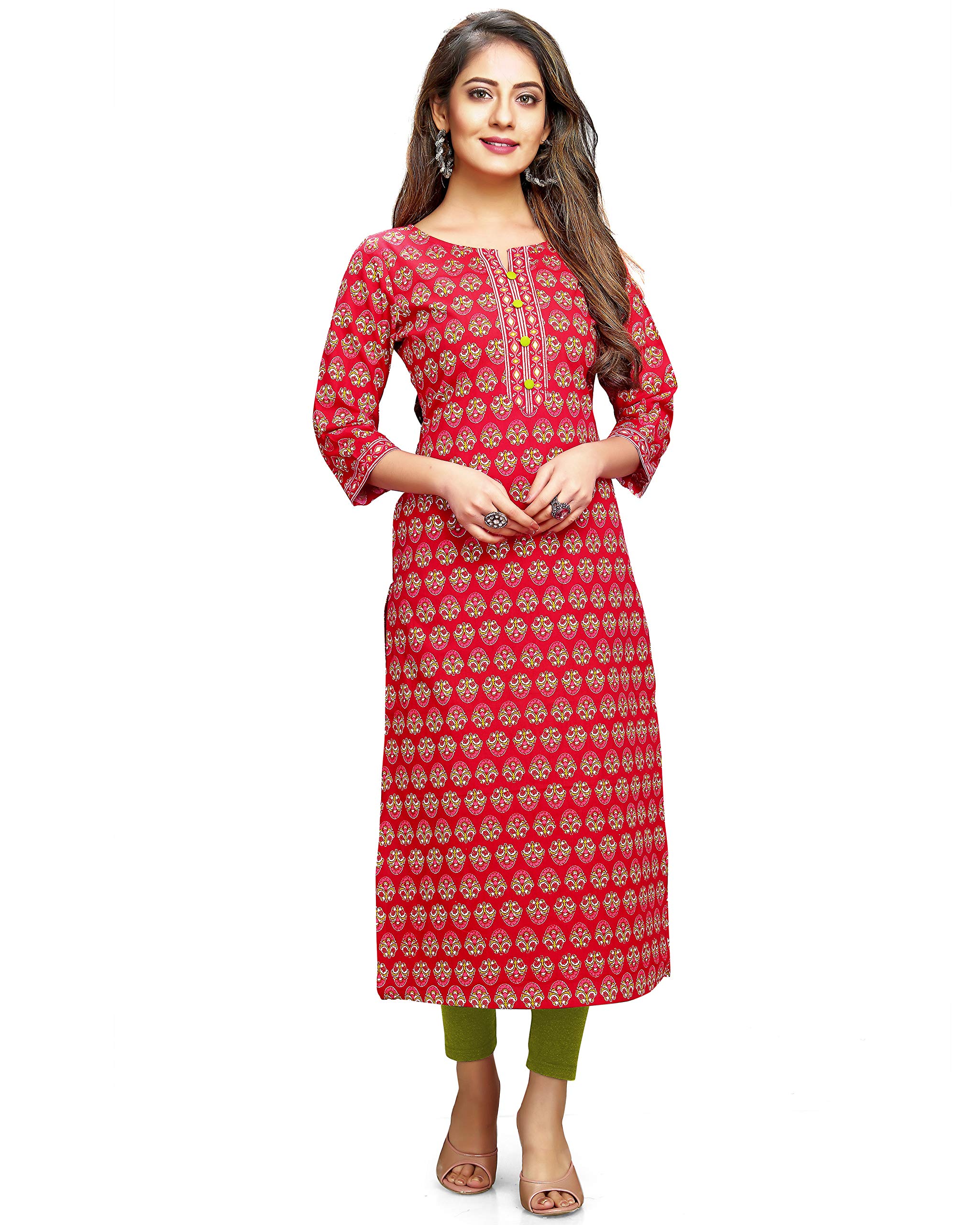 RajnandiniWomen's Pure Cambric Cotton Jaipuri Printed Kurti (JOPLVL105-S_Red & Green_S)
