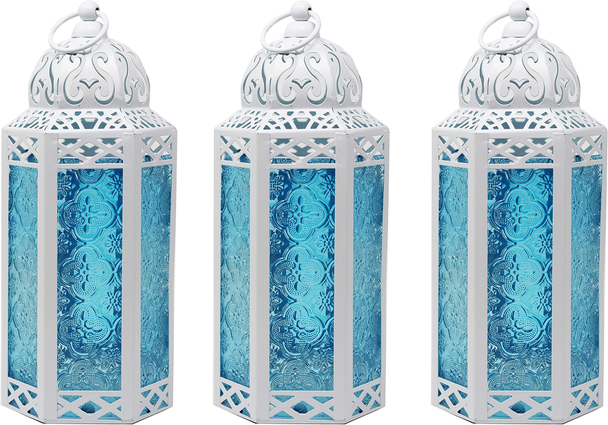 VELA LANTERNS 10.5" White Moroccan Lamp Lantern Decorative Candle Holder for Indoor Outdoor Home Decor, Patio, Weddings, Ramadan Decorations, Blue Glass, Medium, Set of 3
