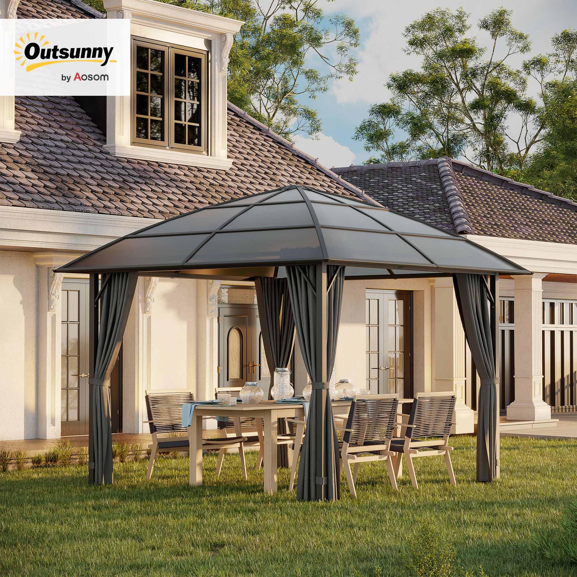 Outsunny Tonnelle de Jardin pavillon de Jardin 3 x 3 m Structure Aluminium Toit Polycarbonate imperméable UV 60+ avec parois latéraux Gris foncé