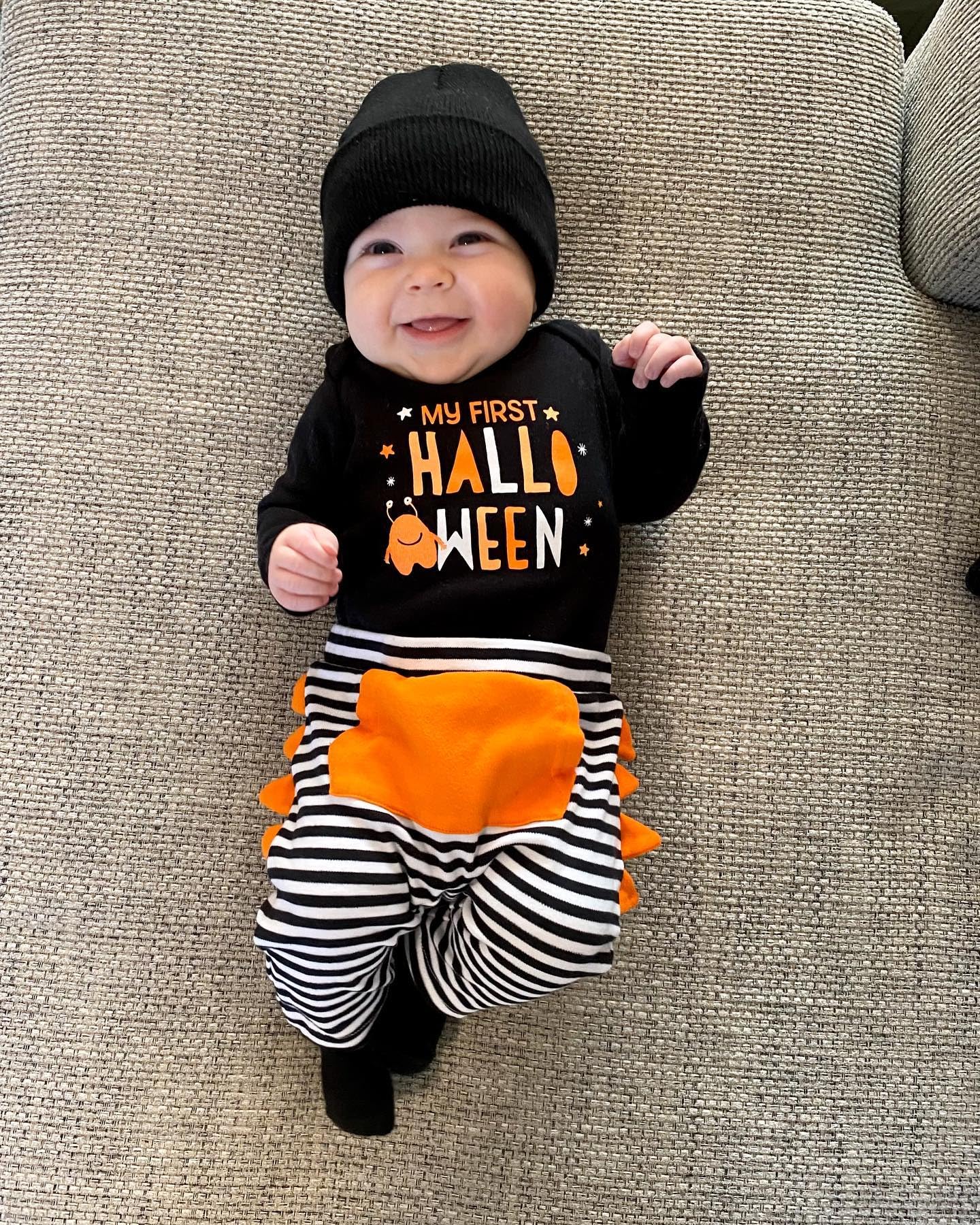 Filgriox My First Halloween Baby Boy Monster Outfit, Newborn Long Sleeve Romper and Striped Pants 2Pcs Clothes Set (Black, 6-12 Months)