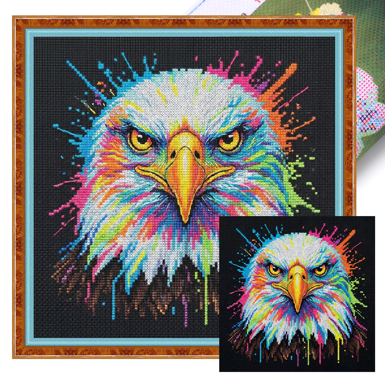 Poetrydraw Colorful Splash Bald Eagle Cross Stitch Kit, 14Ct Diy Embroidery Needlepoint Starter Set, 11.81X11.81inch, For Beginners & Home Decor