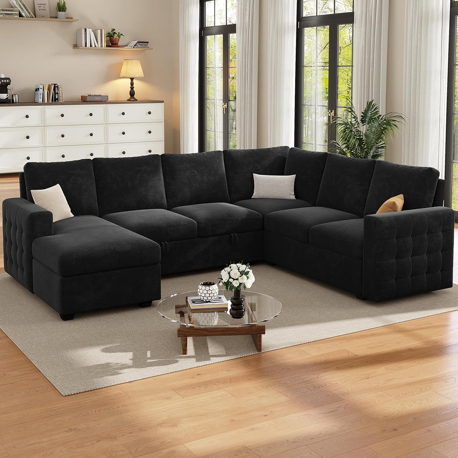 104" Sectional Sleeper Sofa Bed, Pull Out Couch with Storage, Modular Cloud Sofa with Chaise, 7 Seat U Shaped Sectional Couches for Living Room& Apartment, Convertible Sofas, Black Couch