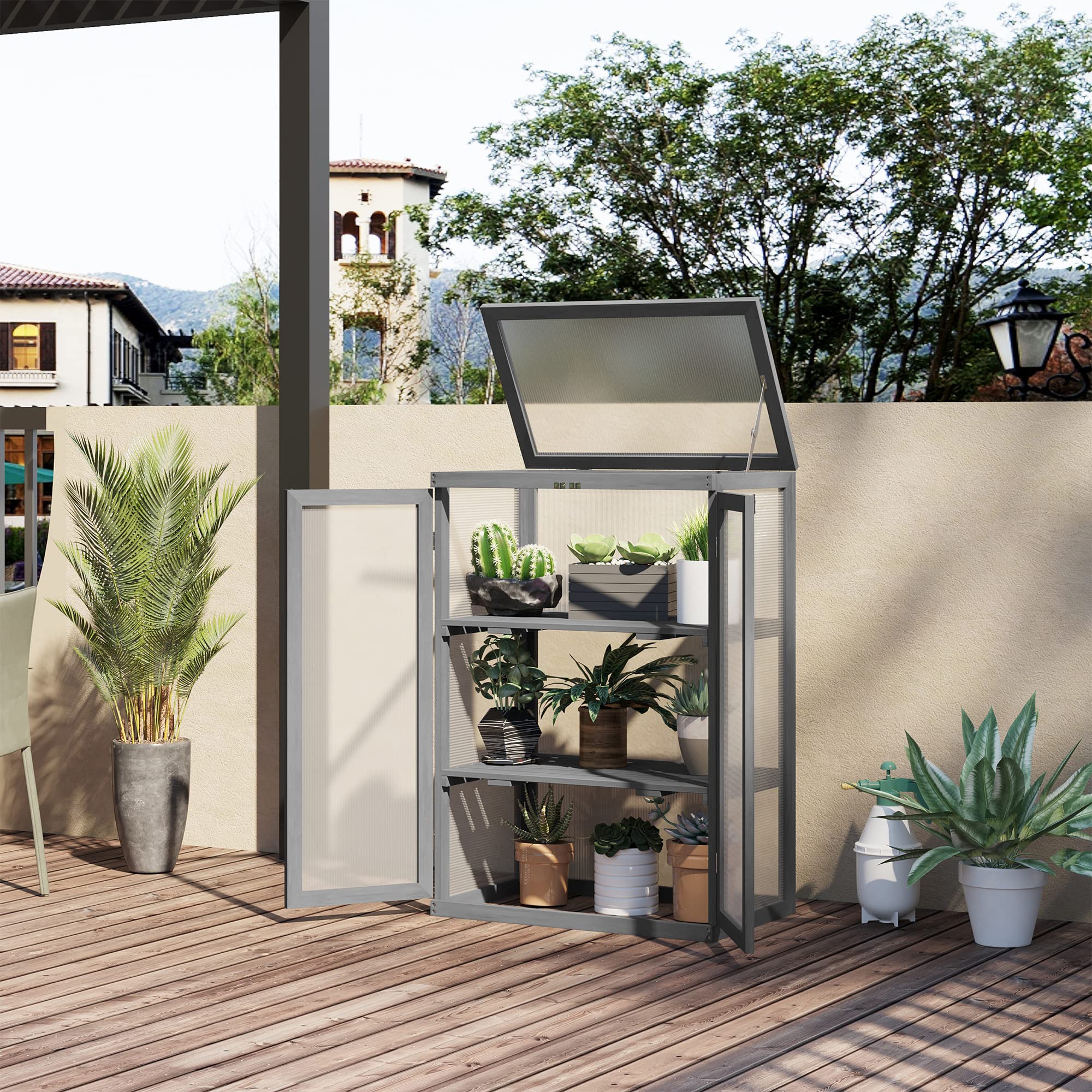 Outsunny Mini serra da giardino 3 livelli dim. 76 x 47 x 110 h cm doppia porta tetto apribile legno abete laccato policarbonato