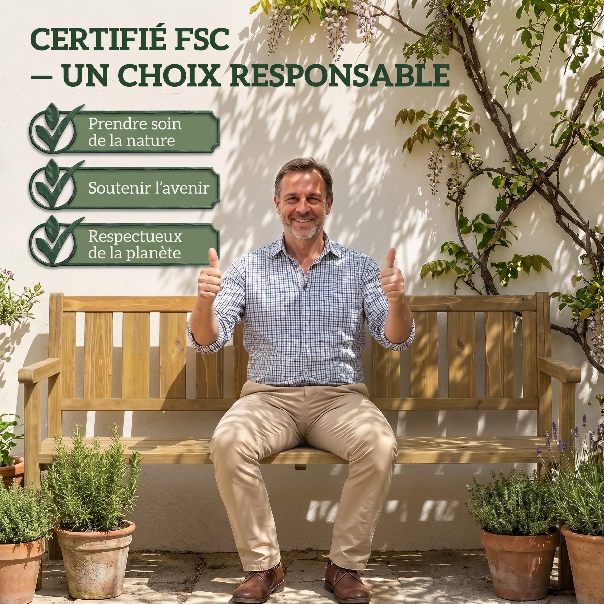 Outsunny Banc de Jardin 3 Places en Bois Solide Banquette d'Extérieur DIY avec Capacité de 360 kg Banc de Terrasse Prêt à Peindre pour Balcon, Porche Teck