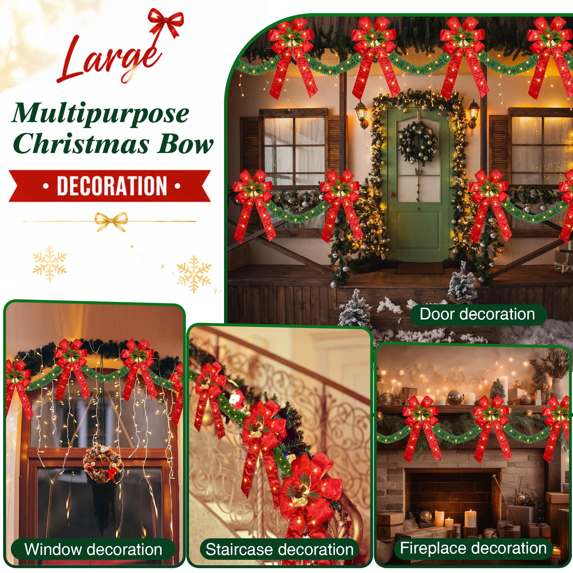 Nœuds de Noël de 4 m pour décoration de clôture, grands nœuds de Noël éclairés à 140 DEL avec 8 modes et minuterie pour porte d'entrée de fête, cheminée (rouge, guirlande artificielle)