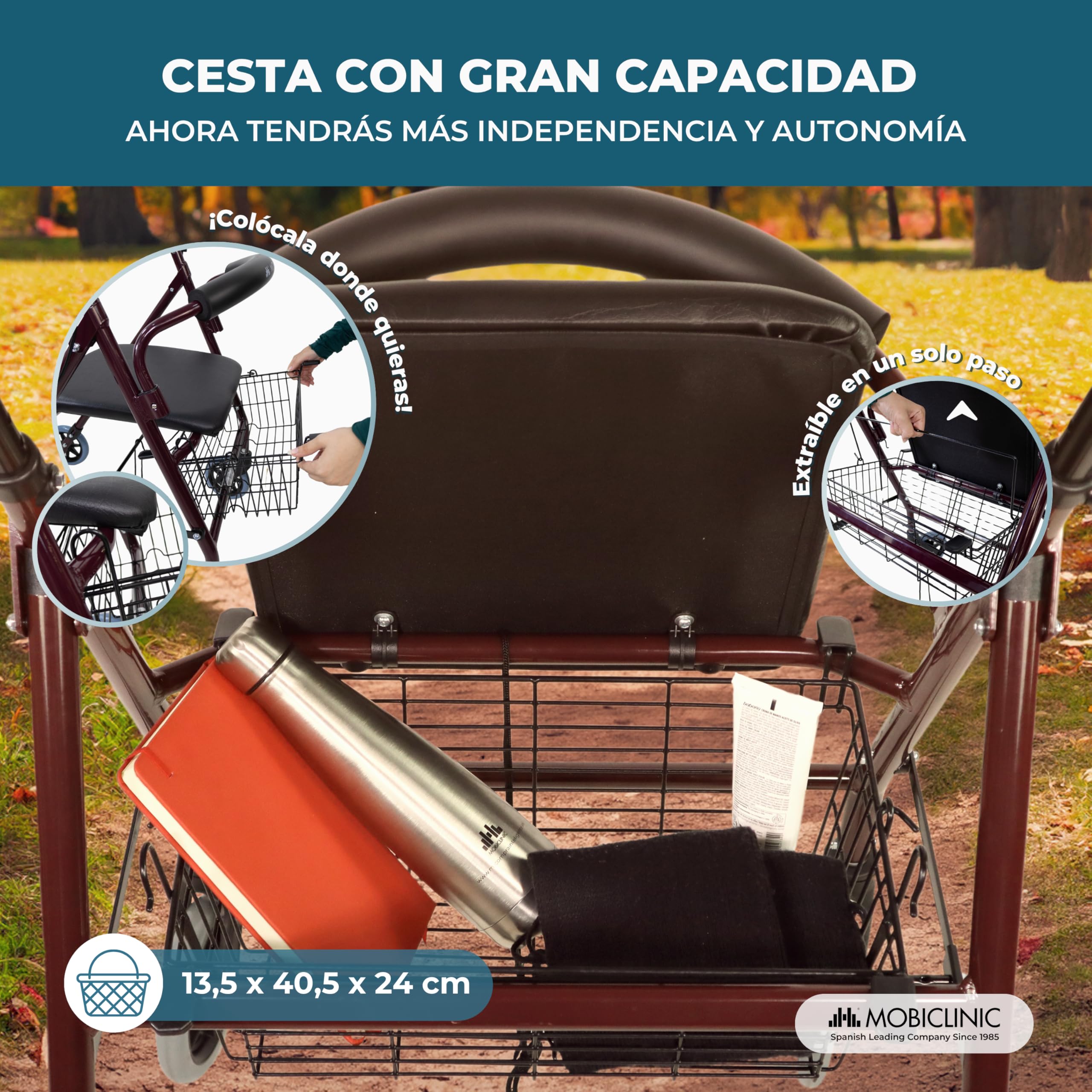 Mobiclinic®, Andador Plegable, Ligero, Rollator, Prado, Frenos por Presión, con Asiento, Cesta y 4 Ruedas, Aluminio, Burdeos