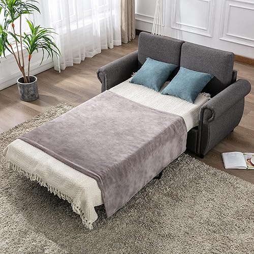 KLMM Stylish Pull Out Sofa Bed Loveseat Sleeper with Twin Size Memory Mattress, 2-in-1 Versatile Sleeper Couch Beds for Living Room/Small Spaces (Gray+Sofa2)