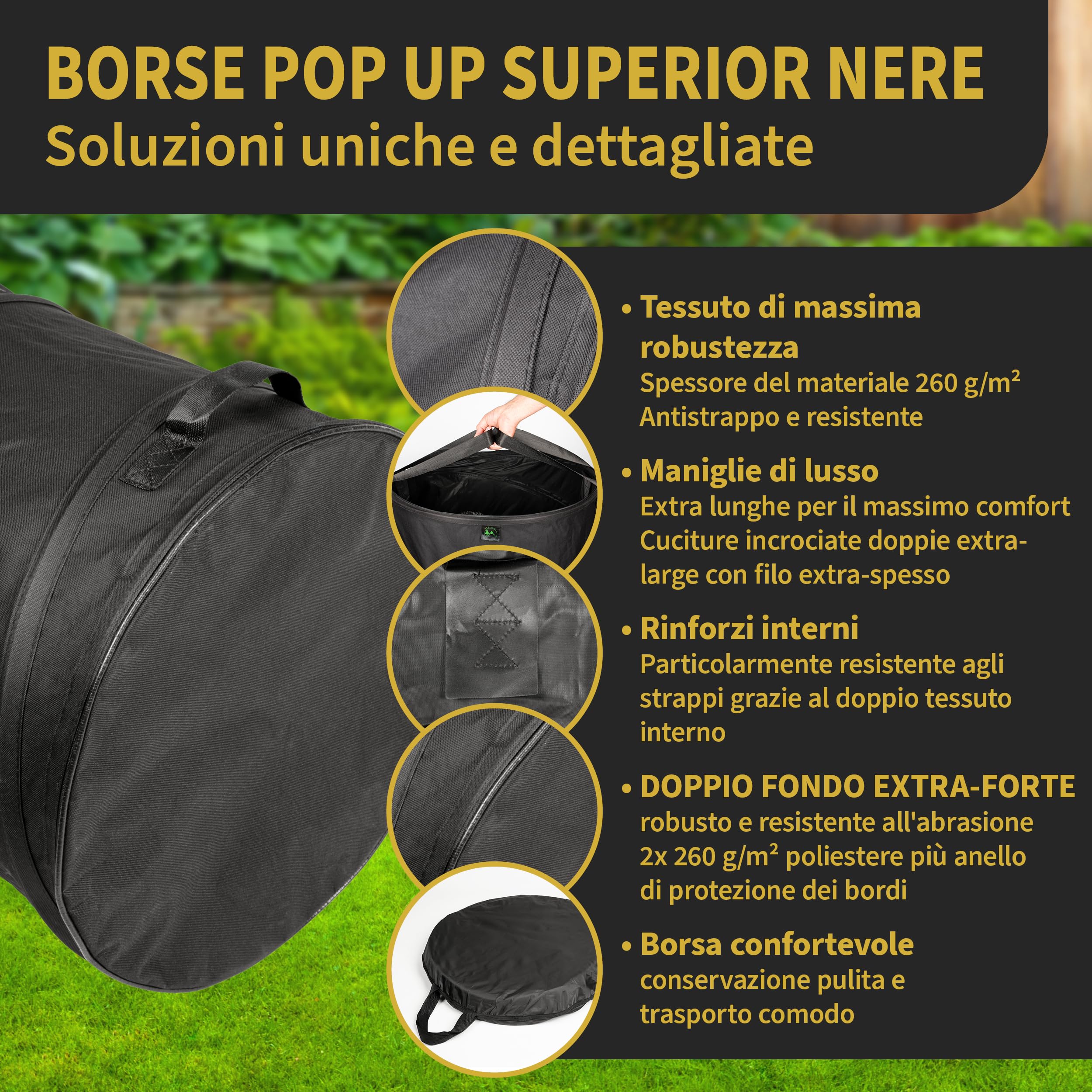 TTL Garden Black SUPERIOR 3 X 85L Pop Up Sacco da giardino – Doppio fondo 260 gsm extra stabile 600D Oxford 600D Set di 3 sacchi per rifiuti da giardino pieghevole taglio verde