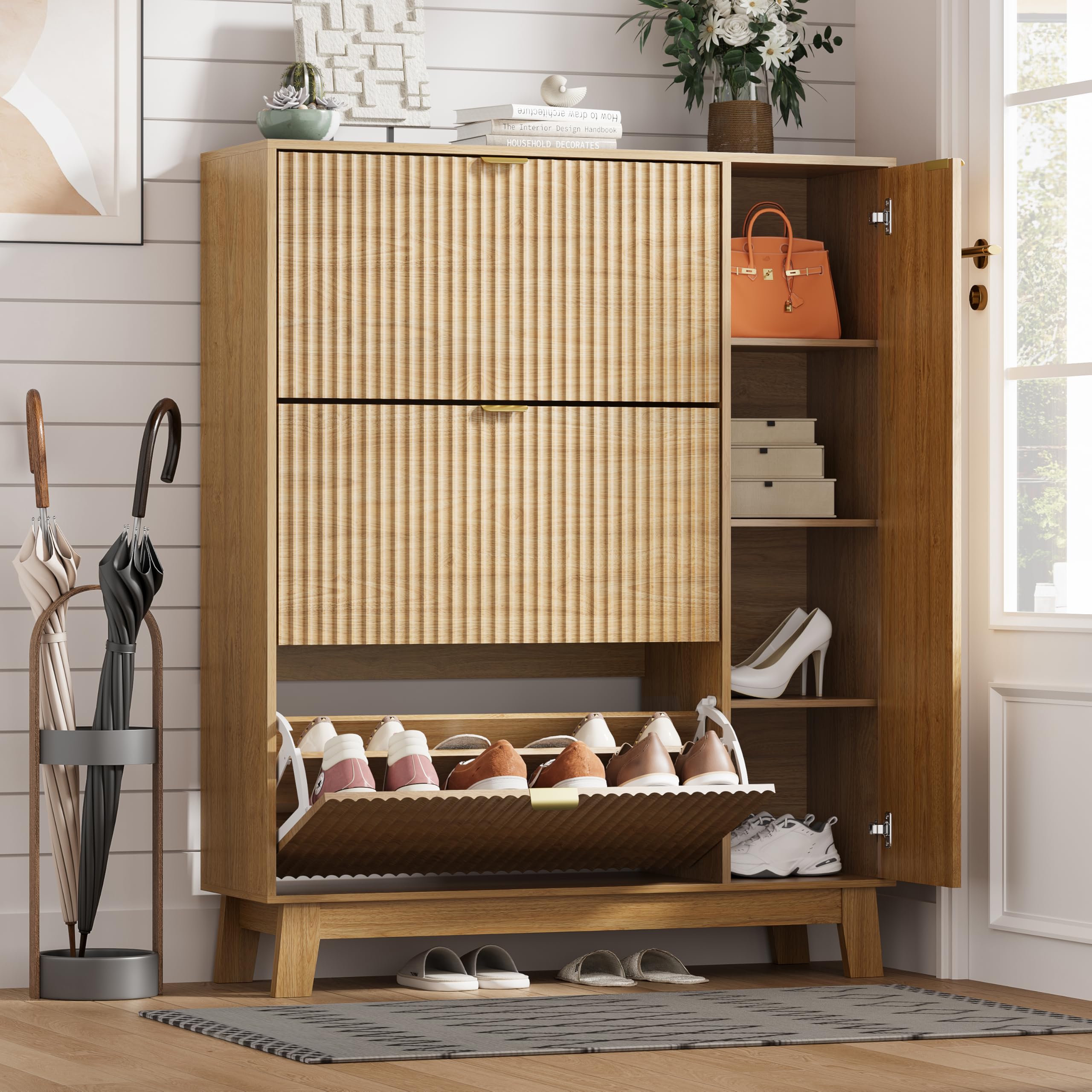 Shoe Cabinet Storage for Entryway with 3 Drawers &amp; Side Cabinet, Oak