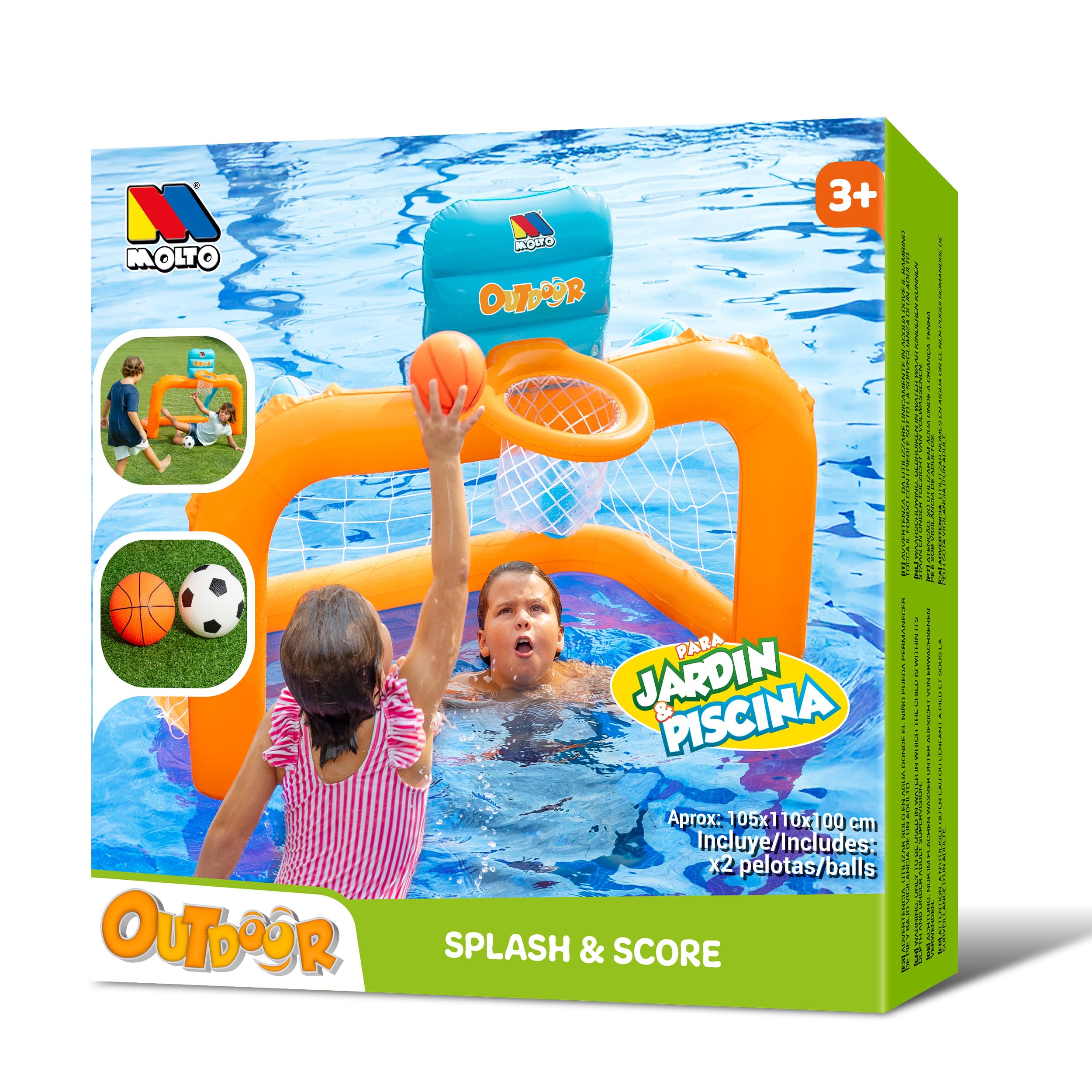Molto - Porta da Piscina Giocattolo con canestro Splash And Score, Porta Gonfiabile, per Giardino o Piscina, Include gonfiatore e 2 palloni, Giocattoli educativi, + 3 Anni
