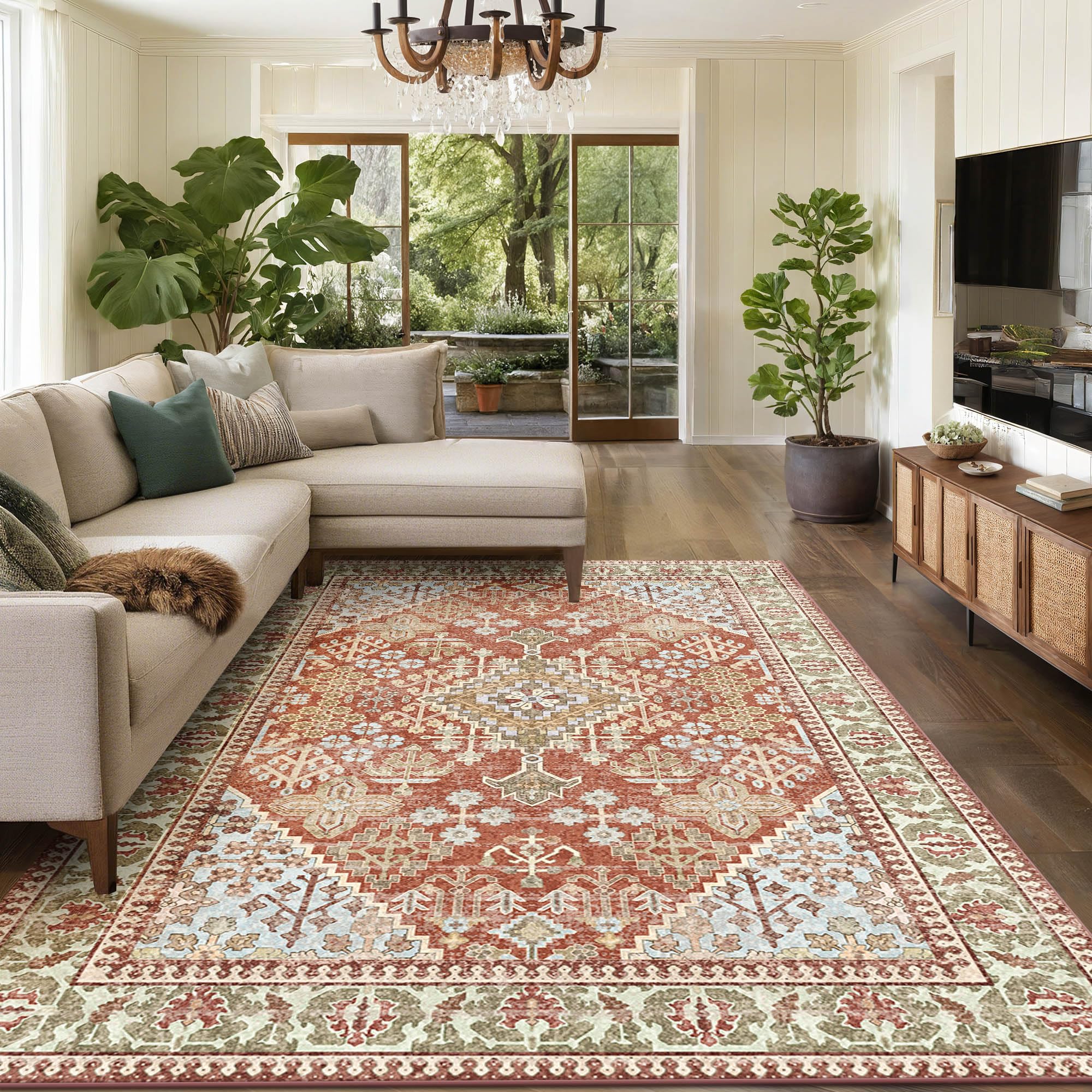 Kokia 6x9 Boho Machine Washable Low Pile Area Rugs for Living Room Orange