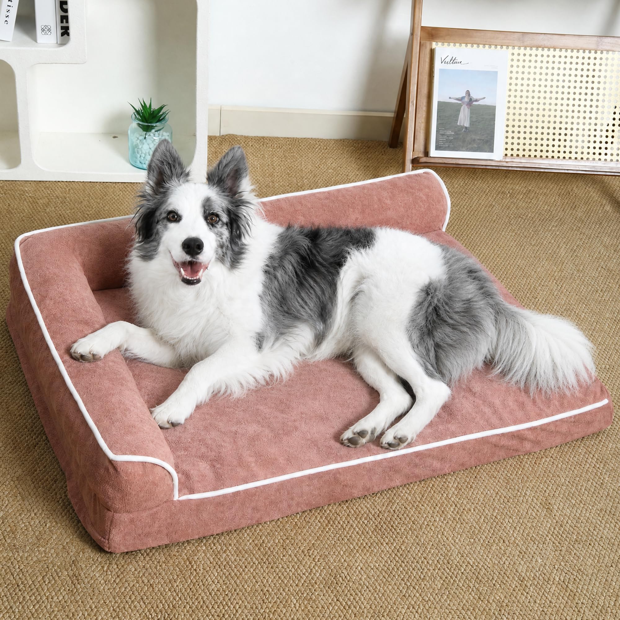 Orthopedic Dog Bed with Pillow L-Shape Dog Sofa for Large Medium Dogs, Dogs Couch with Removable Washable Cover, Pet Bed with Nonskid Bottom(Pink, XX-Large(48x35in))