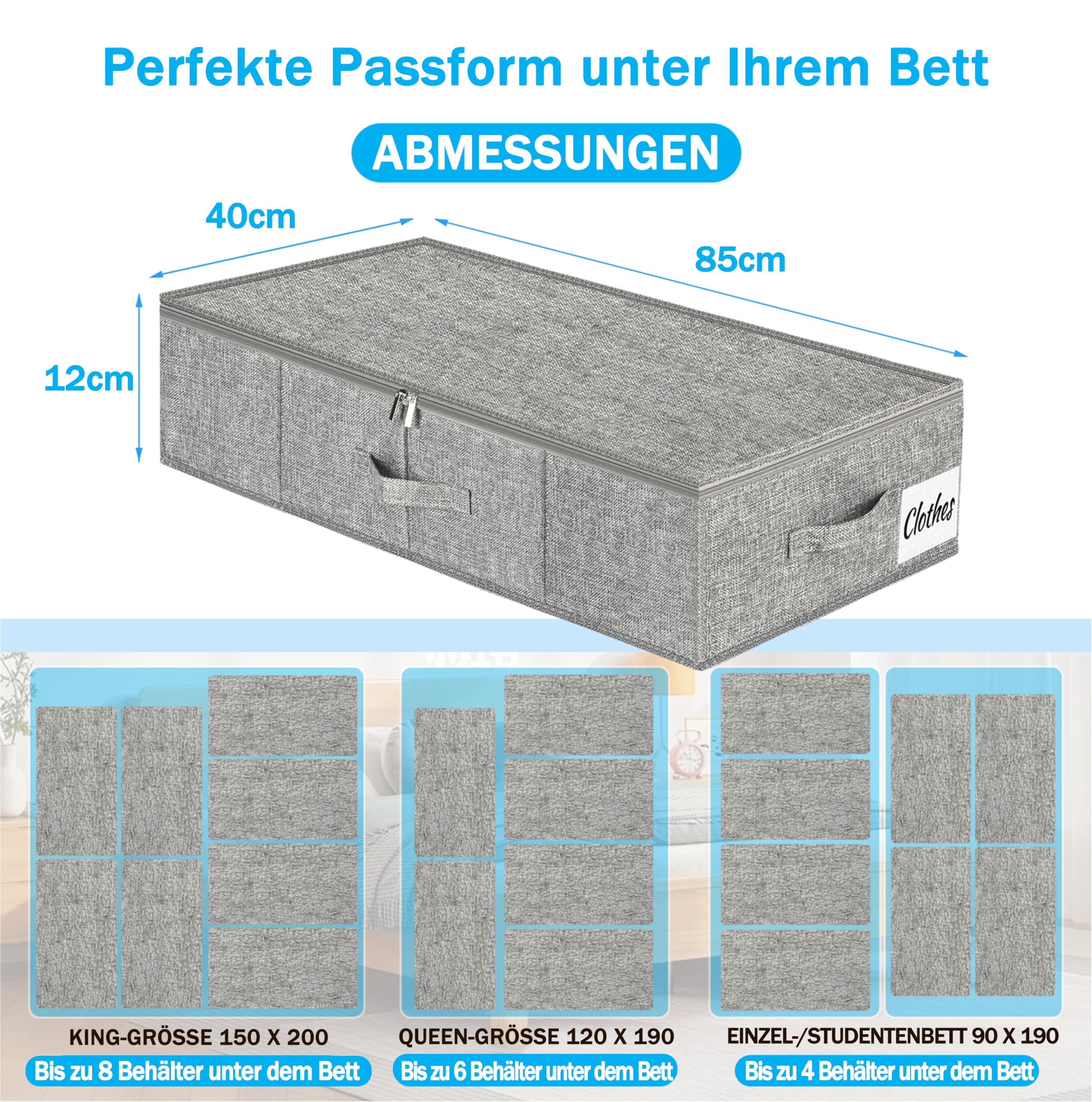 Contenitore sotto il letto, con coperchio, altezza 12 cm, 4 pezzi, pieghevole, lavabile, con 3 maniglie, coperchio con cerniera, per vestiti, coperte