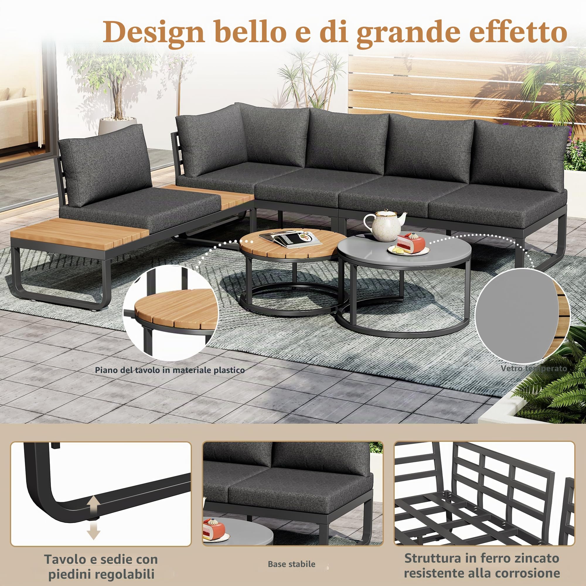 Set di mobili da giardino Sitzgruppe per 4-5 persone, divano da giardino con gambe regolabili, 2 tavolini impilabili, cuscini e rivestimenti grigi inclusi, set di sedute da giardino per giardino