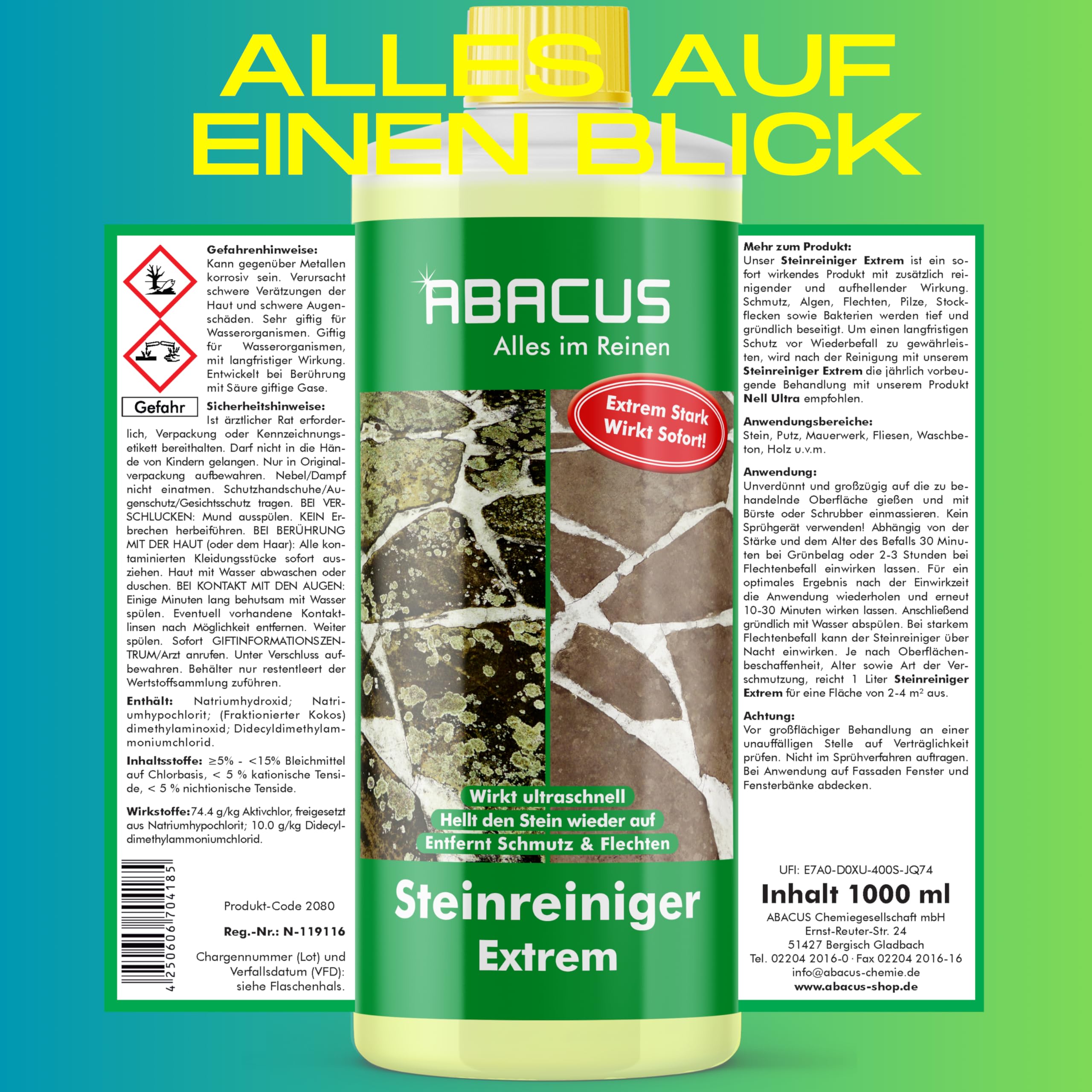 ABACUS® Nell Ultra® Grünbelagentferner 4L + Steinreiniger Extrem 2L | Entfernt Grünbelag & Algen mit selbsttätig! | Algenentferner, Pilzentferner, Flechtenentferner, Steinreiniger, Terrassenreiniger