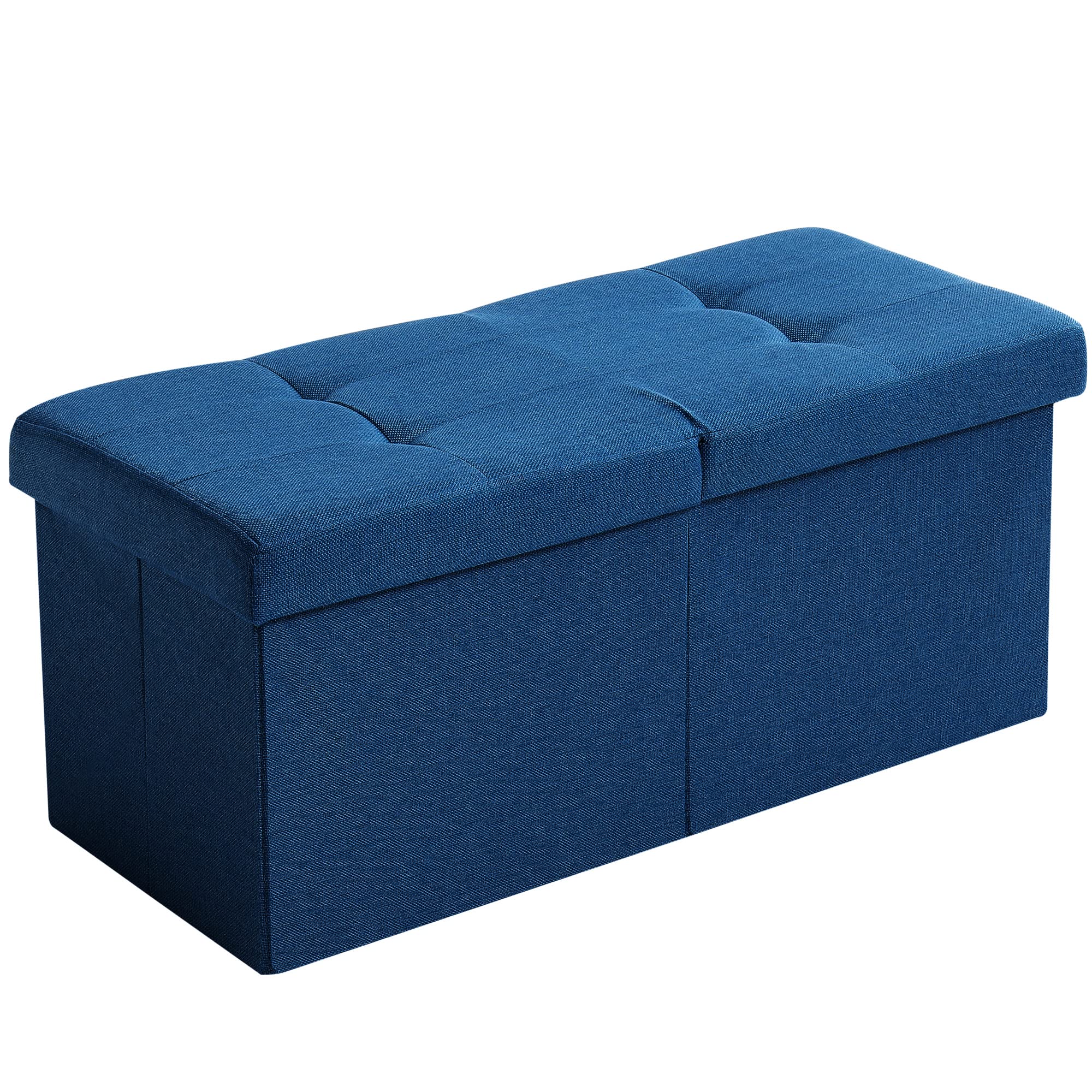 CUYOCA Storage Ottoman Bench Foldable Seat Footrest Shoe Bench End of Bed Storage with Flipping Lid, 75L Storage Space, 30 inches Linen Fabric Dark Blue