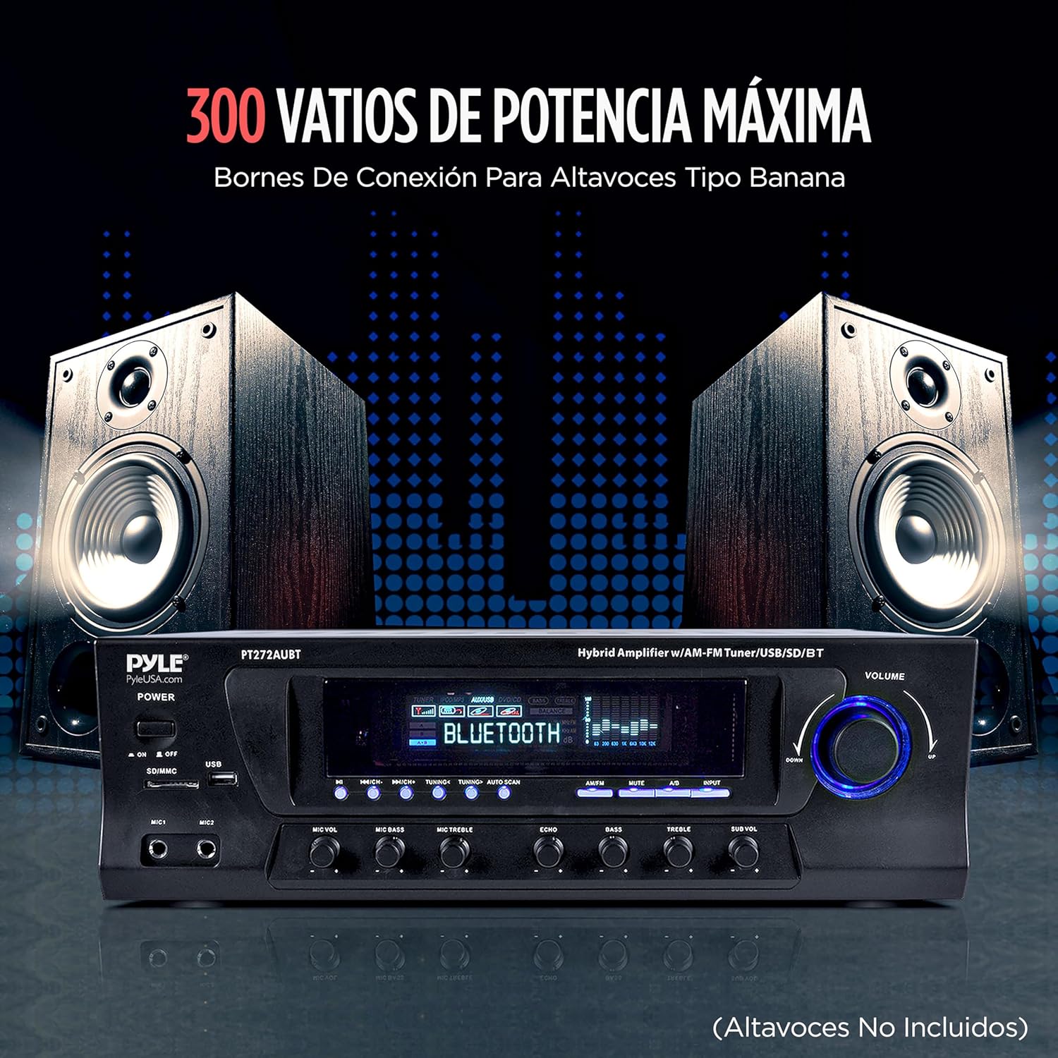 Pyle PT272AUBT amplifier with two large speakers, illustrating speaker connection