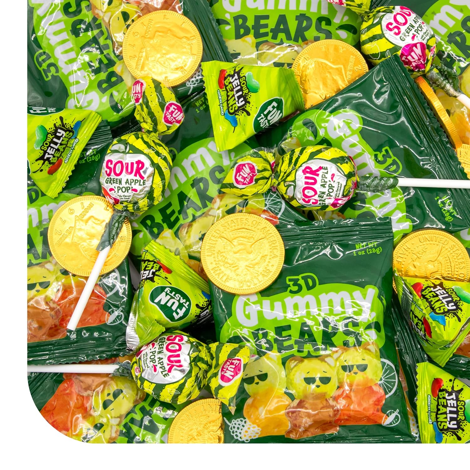 St Patrick's Day Candy Assortment - 2 Pound Pack - Sour Lollipops, Milk Chocolate Coins, Individually Wrapped Jelly Beans & 3D Gummi Bears Pouches for Gifting & Party Favors