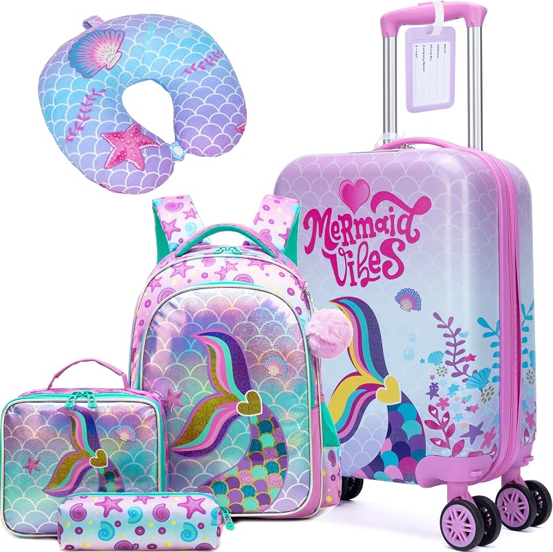 Kids Mermaid Suitcase Set for Boys Hardside Luggage with Spinner Wheels 5 Piece 16inch Toddler Suitcase for Boys Travel Carry on Luggage Airline Approved