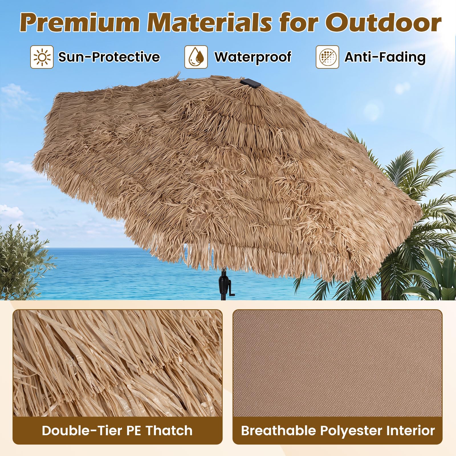 COSTWAY Sonnenschirm Hawaii mit LED-Beleuchtung, 300 cm Strohschirm kippbar | Gartenschirm mit 12 Beleuchtungsmodi & Kurbel, Strandschirm Stroh, Terrassenschirm für Garten, Balkon, Terrasse